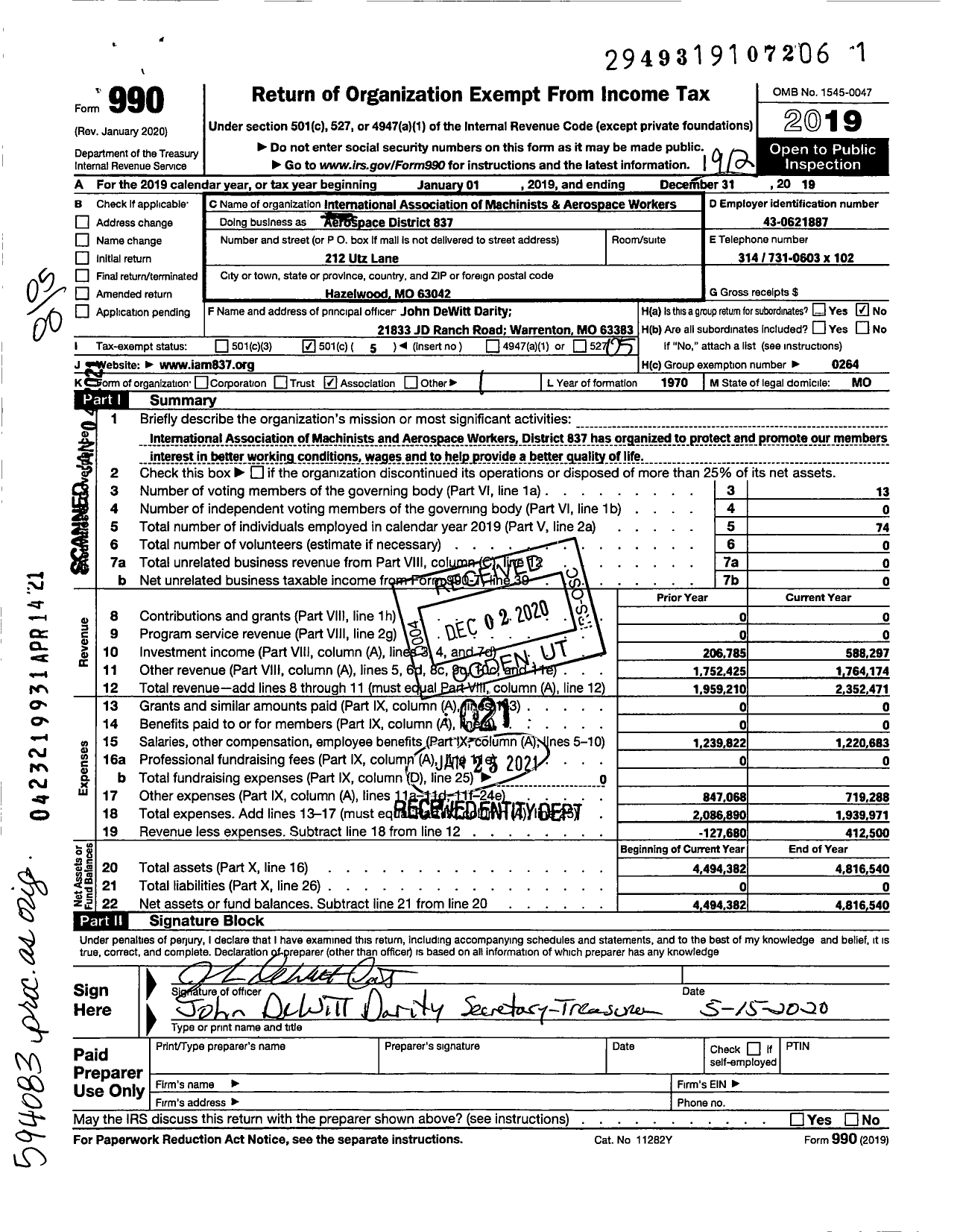 Image of first page of 2019 Form 990O for International Association of Machinists and Aerospace Workers - District Lodge 837