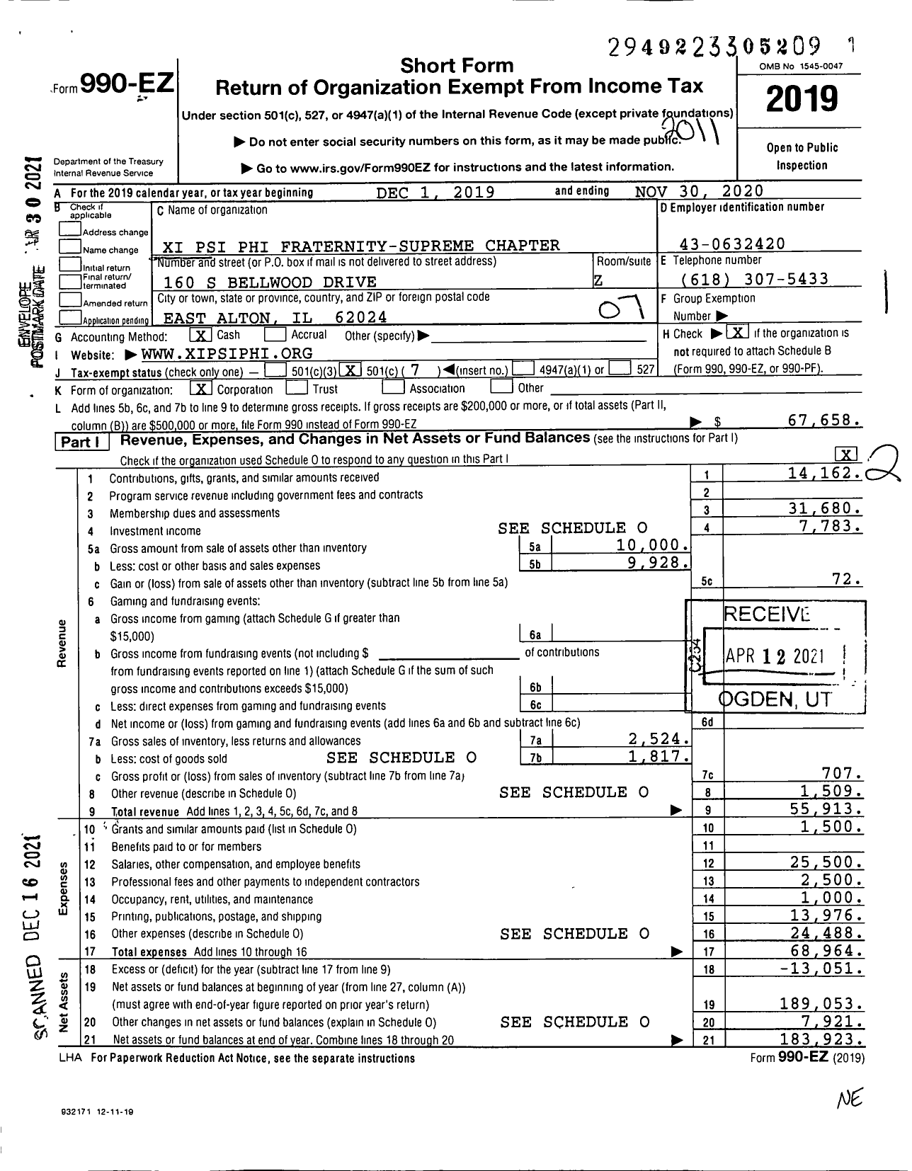 Image of first page of 2019 Form 990EO for Xi Psi Phi Fraternity-Supreme Chapter