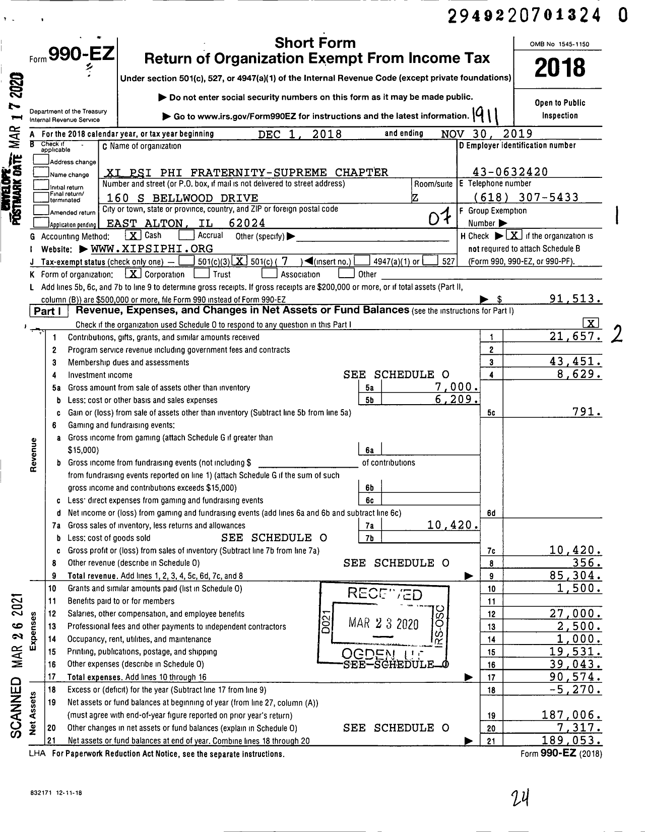 Image of first page of 2018 Form 990EO for Xi Psi Phi Fraternity-Supreme Chapter