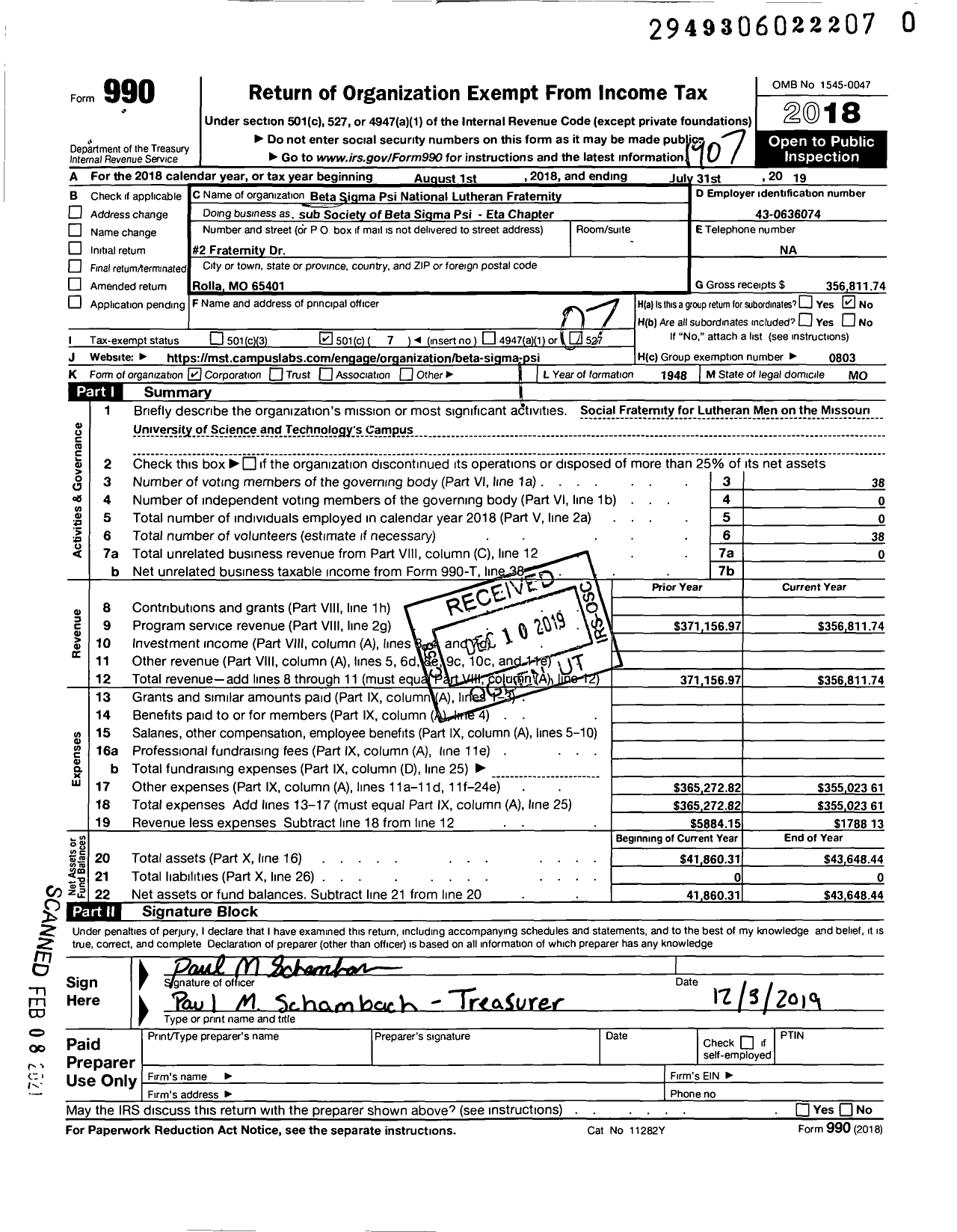 Image of first page of 2018 Form 990O for Society of Beta Sigma Psi / Eta Chapter