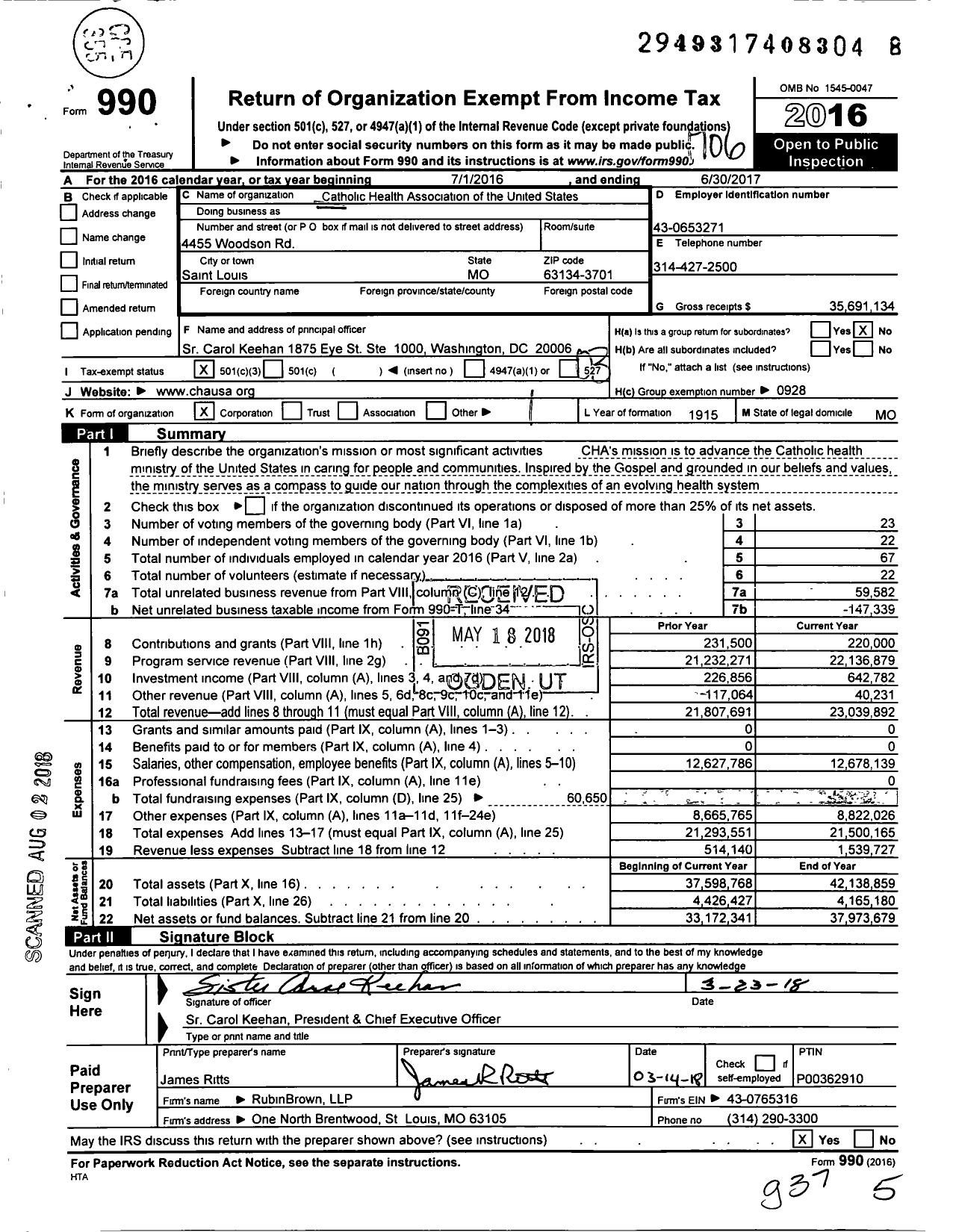 Image of first page of 2016 Form 990 for Catholic Health Association of the United States