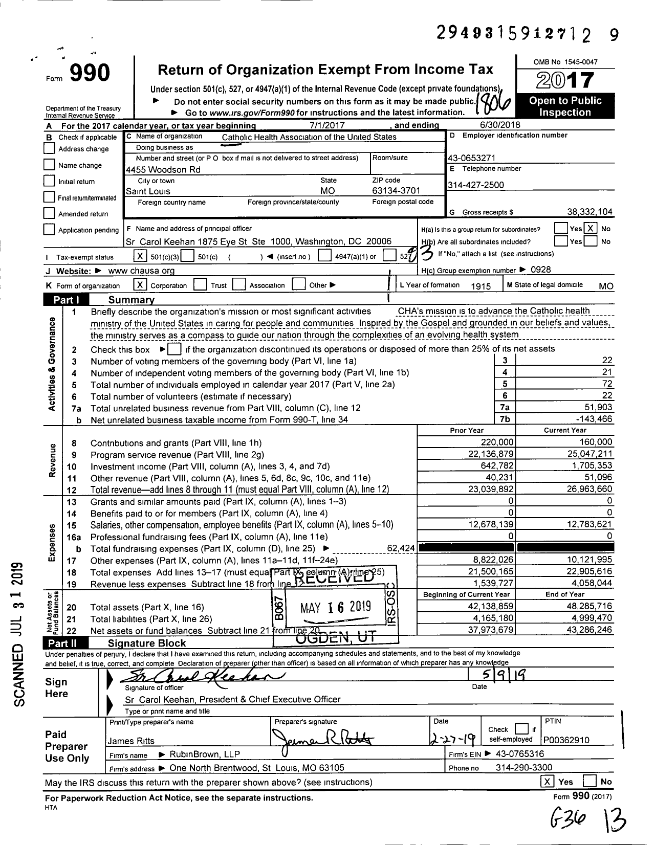 Image of first page of 2017 Form 990 for Catholic Health Association of the United States