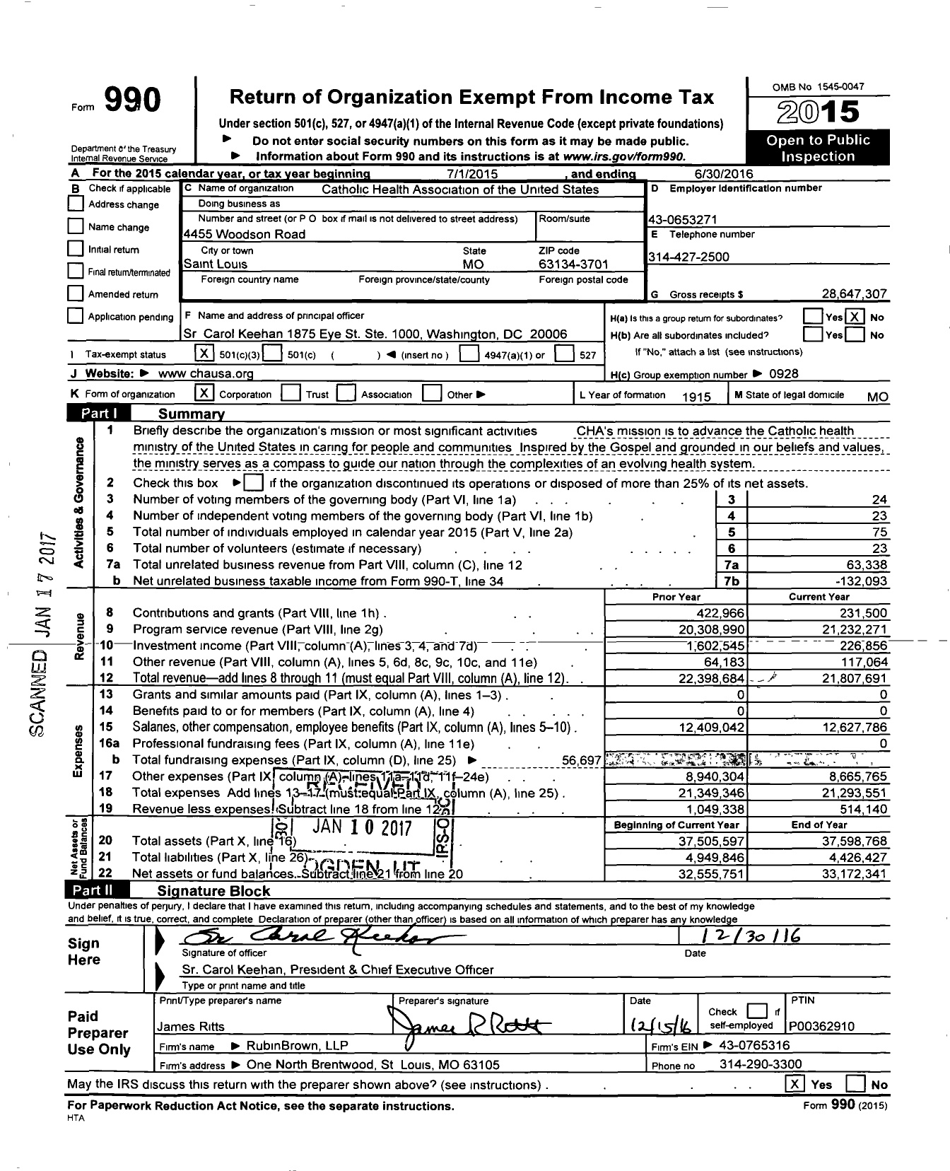 Image of first page of 2015 Form 990 for Catholic Health Association of the United States
