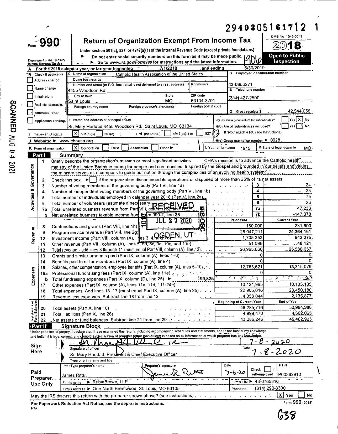 Image of first page of 2018 Form 990 for Catholic Health Association of the United States
