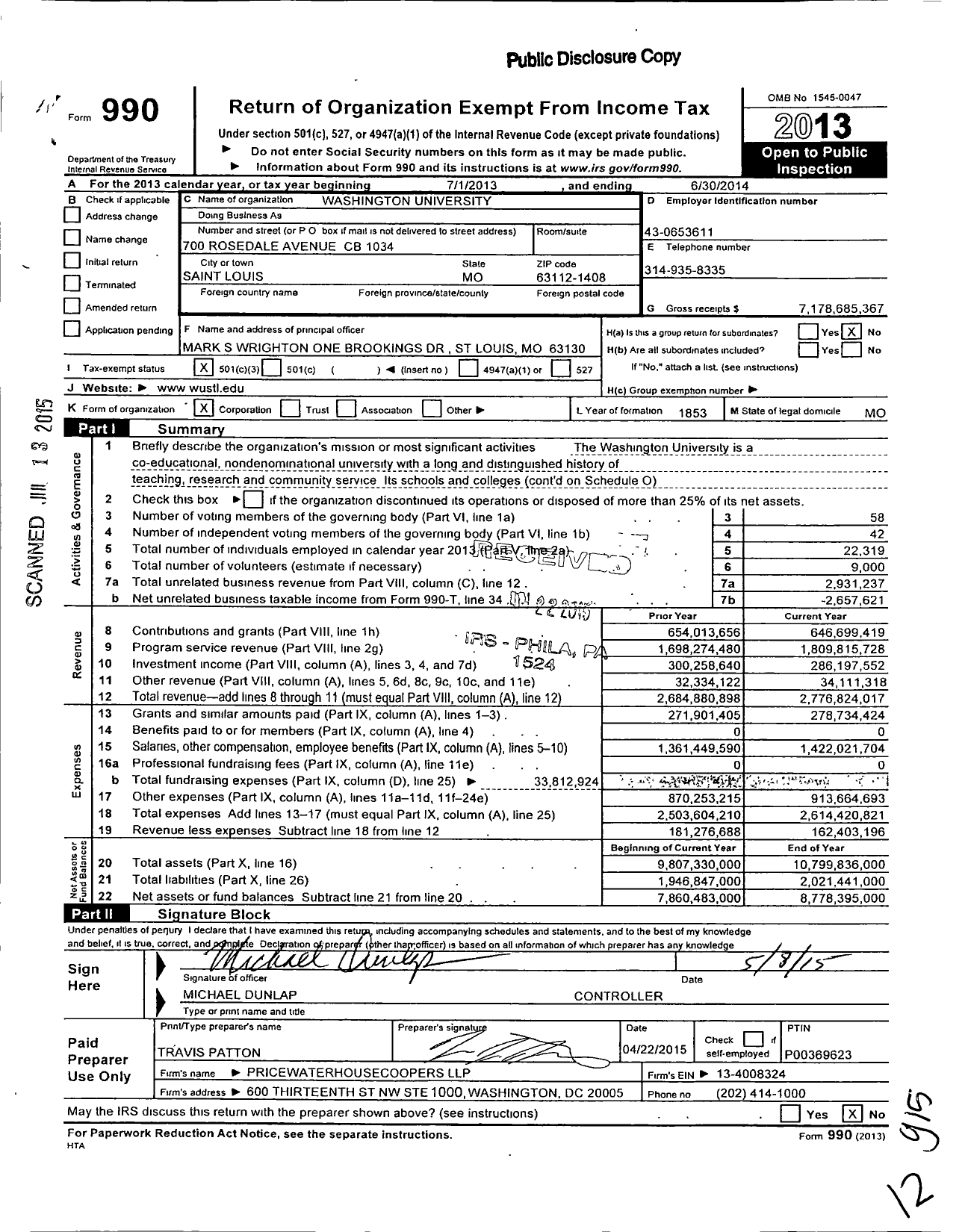 Image of first page of 2013 Form 990 for Washington University in St. Louis (Wash. U)