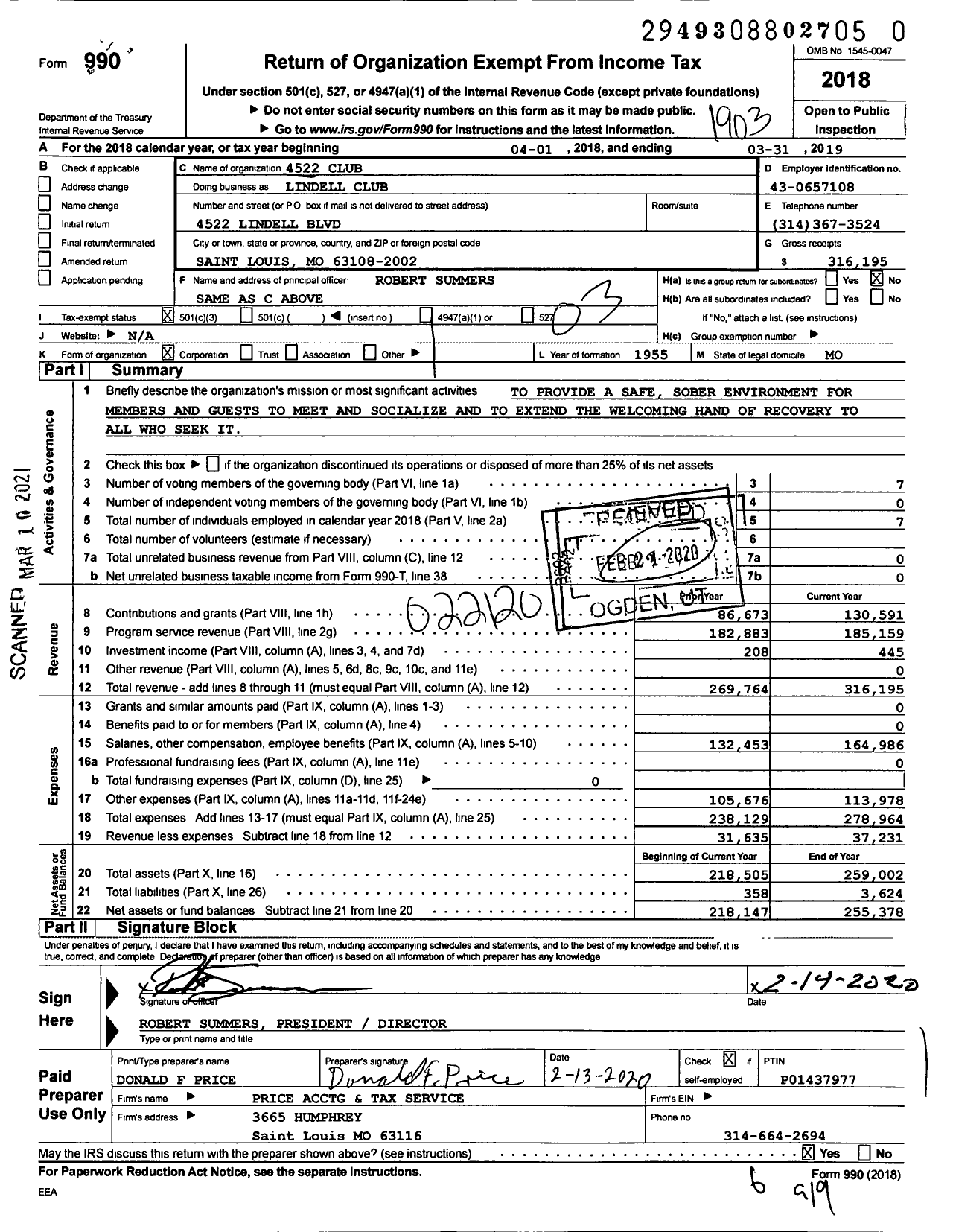 Image of first page of 2018 Form 990 for Lindell Club