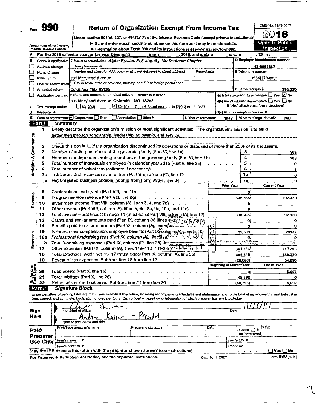 Image of first page of 2016 Form 990O for Alpha Epsilon Pi Fraternity / Mu Deuteron Chapter