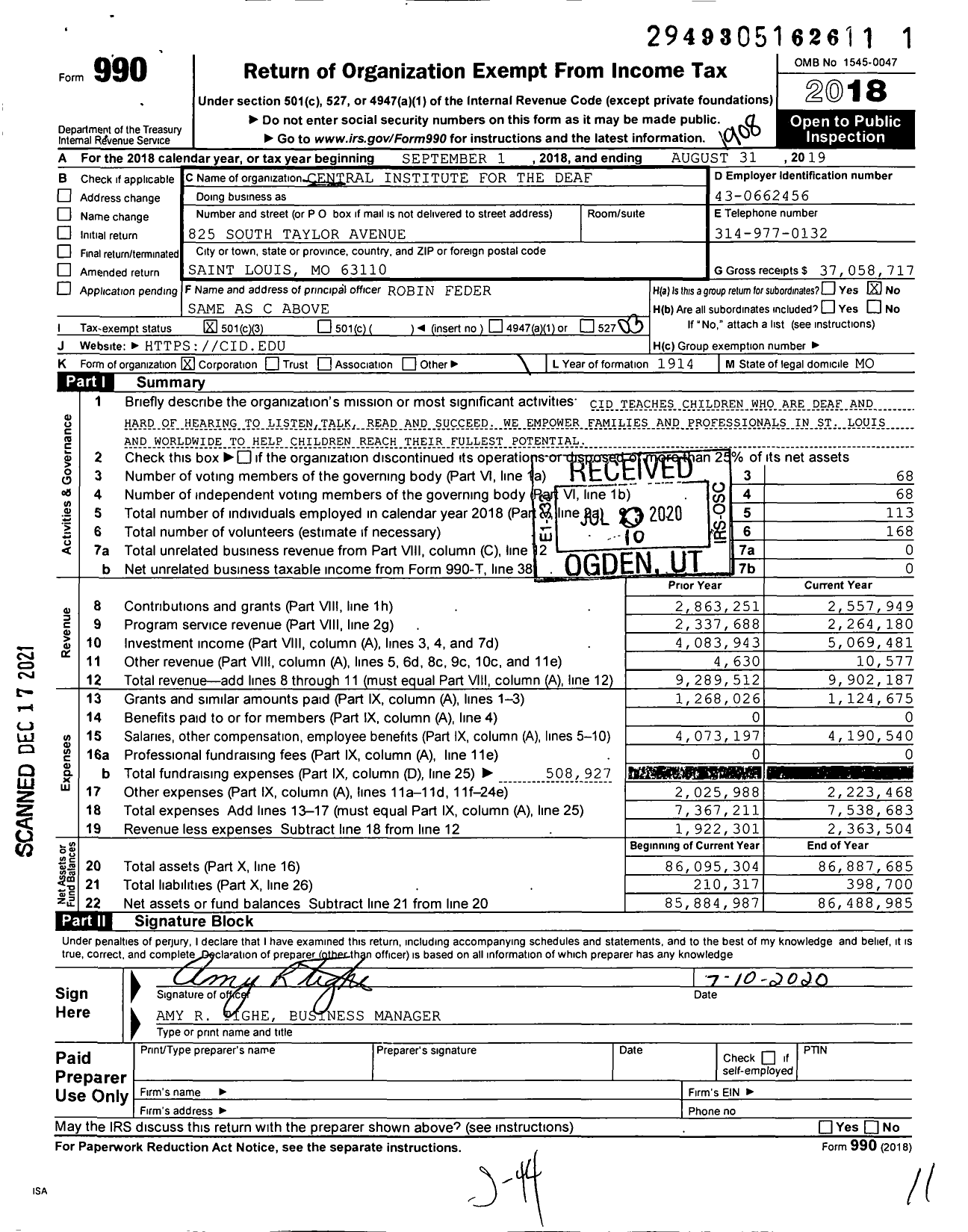 Image of first page of 2018 Form 990 for Central Institute for the Deaf (CID)