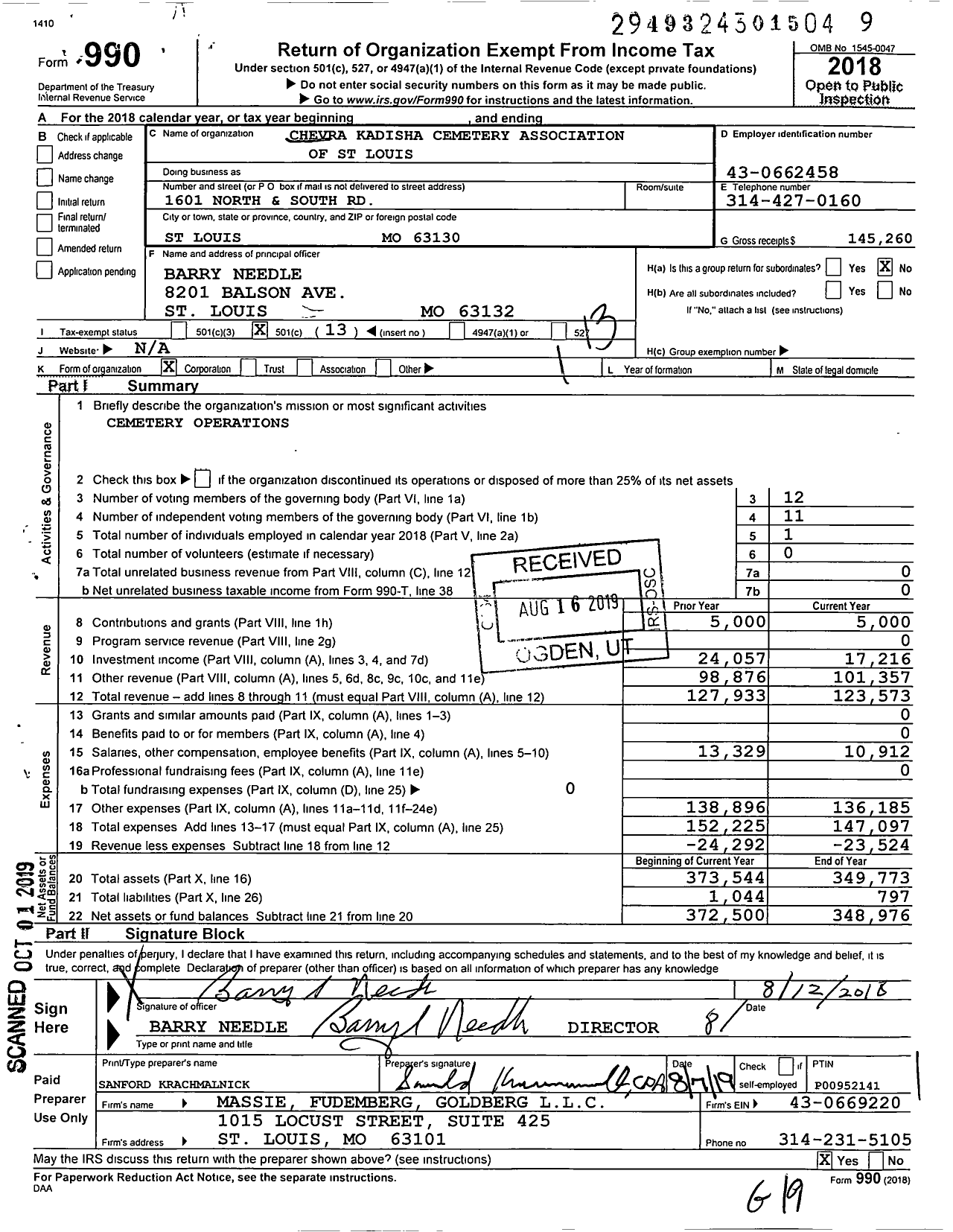 Image of first page of 2018 Form 990O for Chevra Kadisha Cemetery Association of St Louis