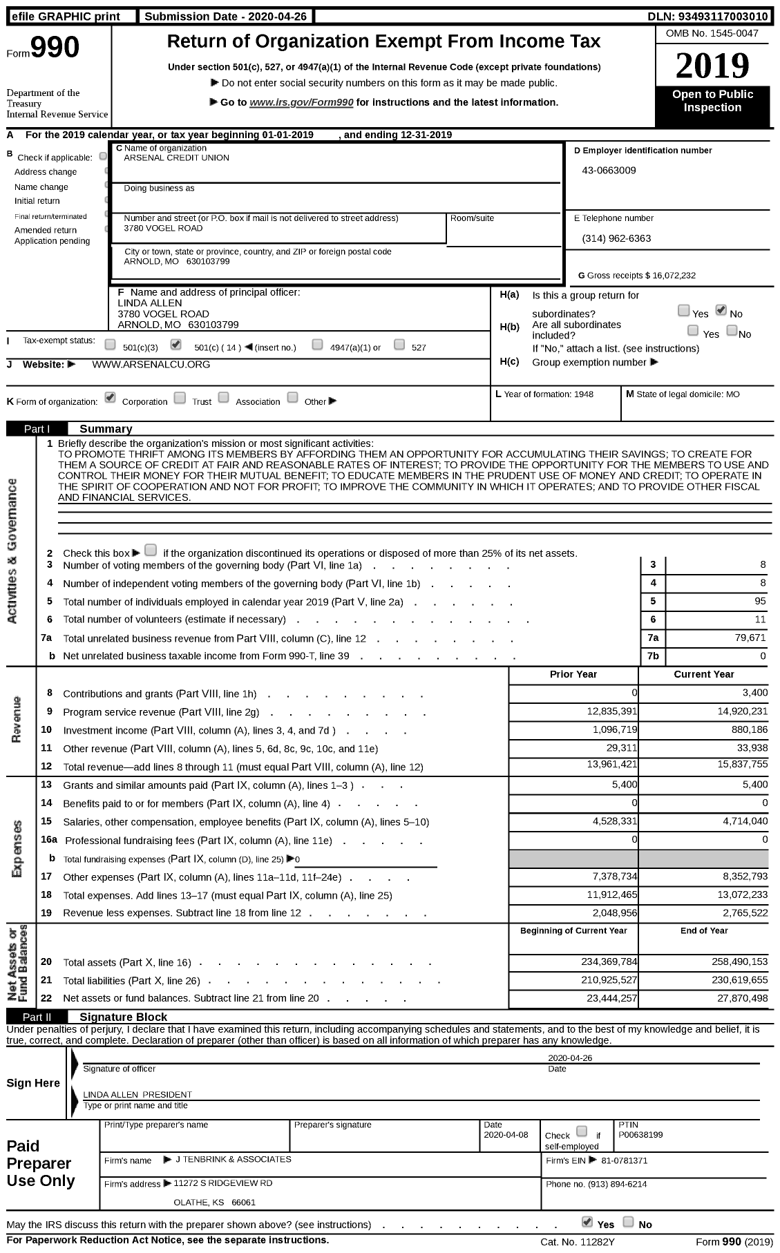 Image of first page of 2019 Form 990 for Arsenal Credit Union (ACU)