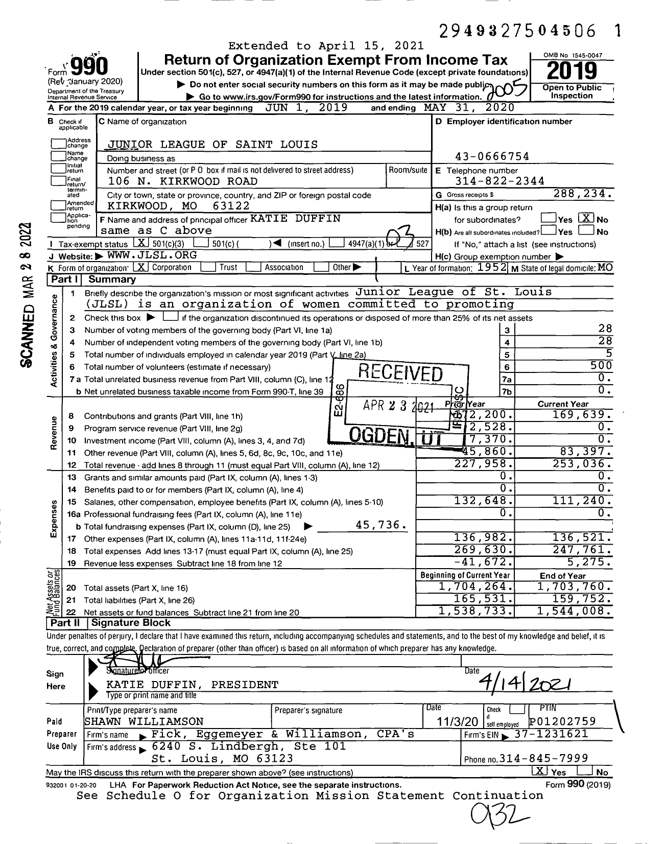 Image of first page of 2019 Form 990 for Junior League of Saint Louis