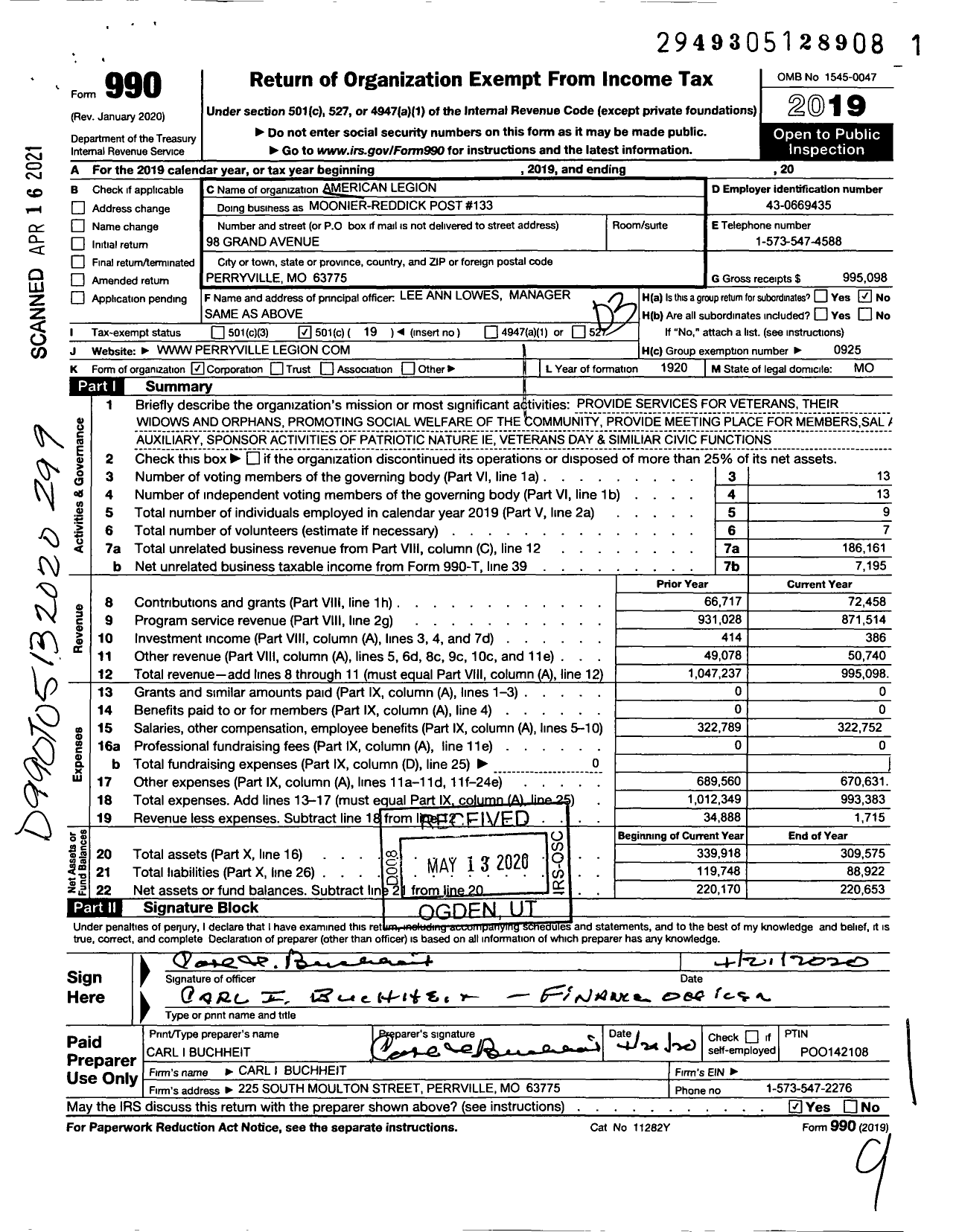 Image of first page of 2019 Form 990 for American Legion / Moonier-Reddick Post 133