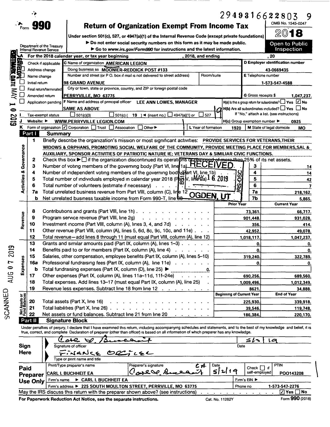 Image of first page of 2018 Form 990O for American Legion - 133 Moonier-Reddick
