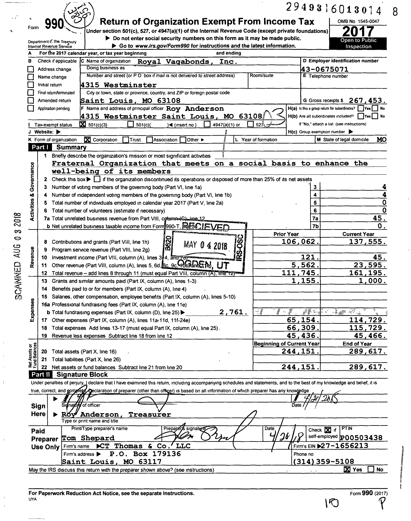 Image of first page of 2017 Form 990 for Royal Vagabonds