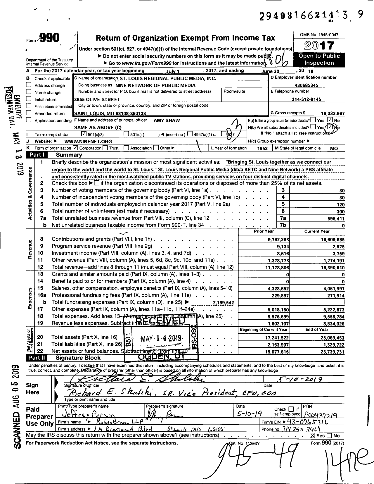 Image of first page of 2017 Form 990 for Nine PBS