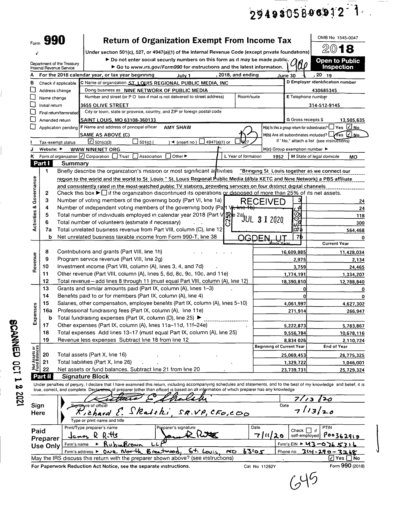 Image of first page of 2018 Form 990 for Nine PBS