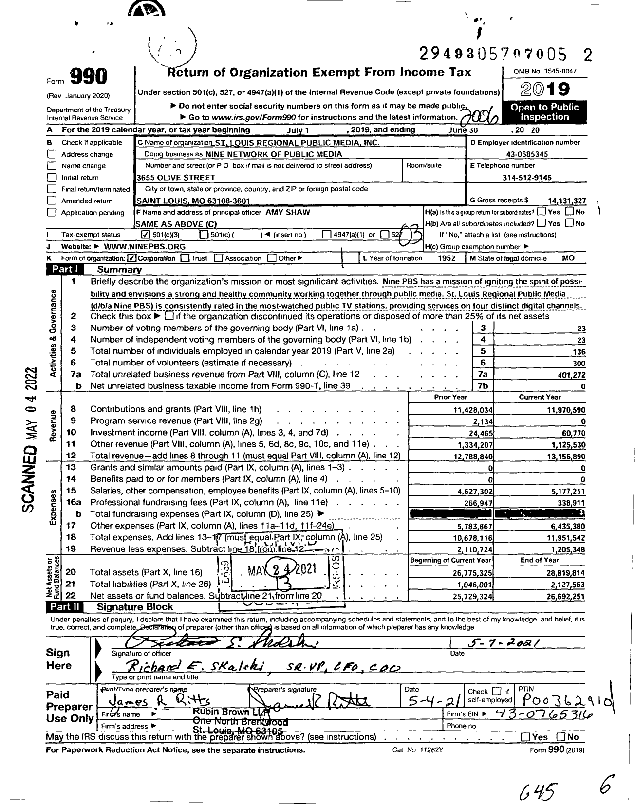 Image of first page of 2019 Form 990 for Nine PBS