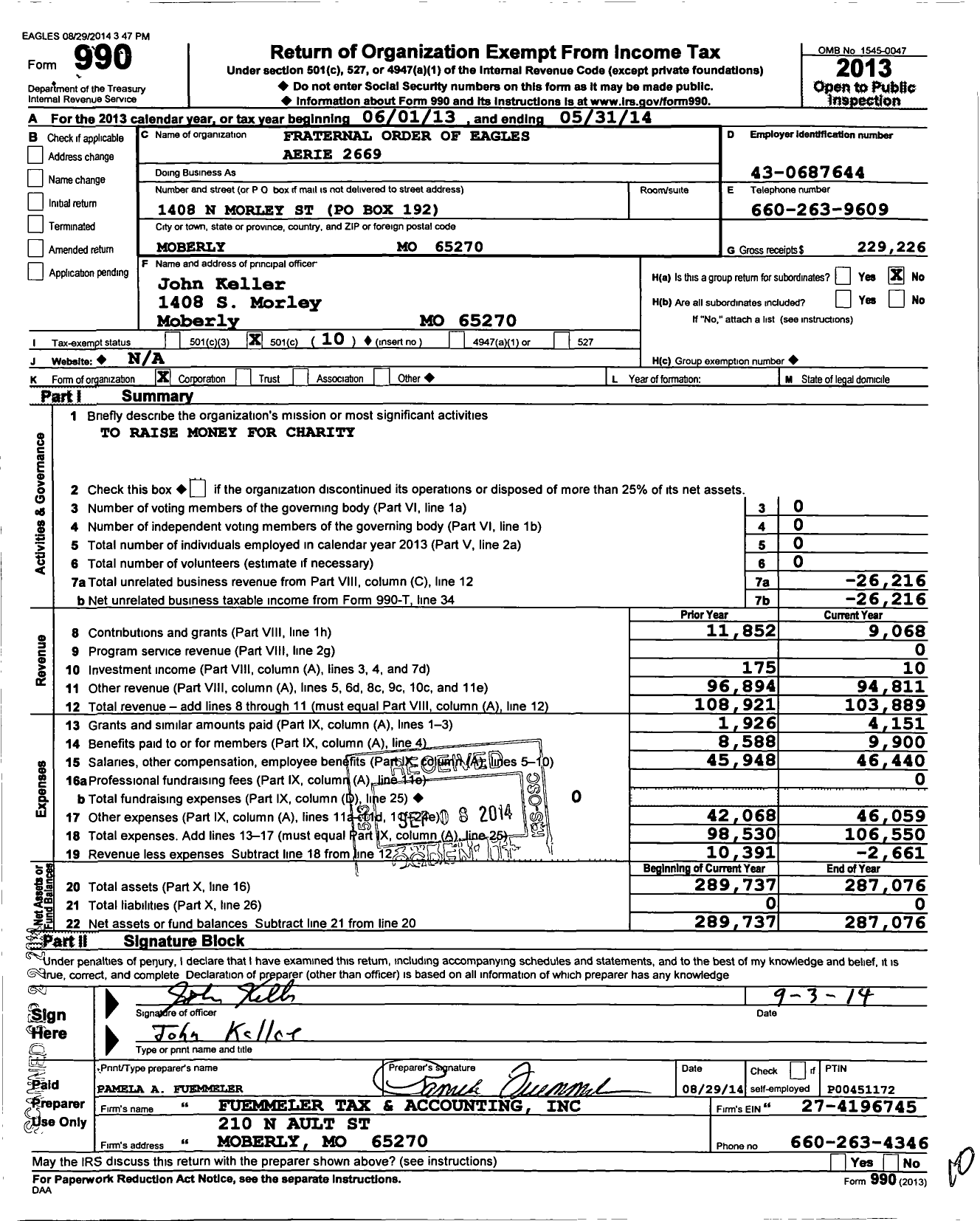 Image of first page of 2013 Form 990O for Fraternal Order of Eagles - 2669 Aerie