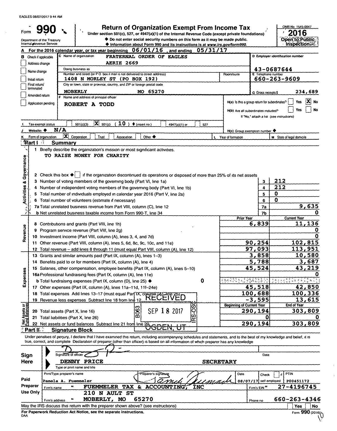 Image of first page of 2016 Form 990O for Fraternal Order of Eagles - 2669 Aerie