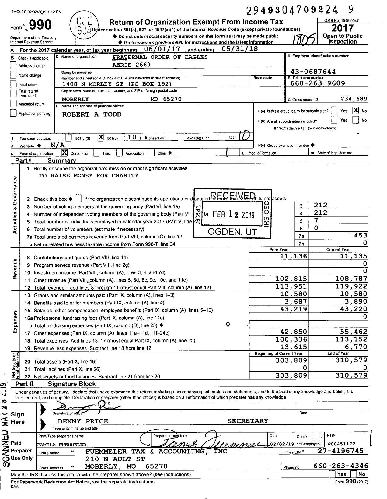 Image of first page of 2017 Form 990O for Fraternal Order of Eagles - 2669 Aerie