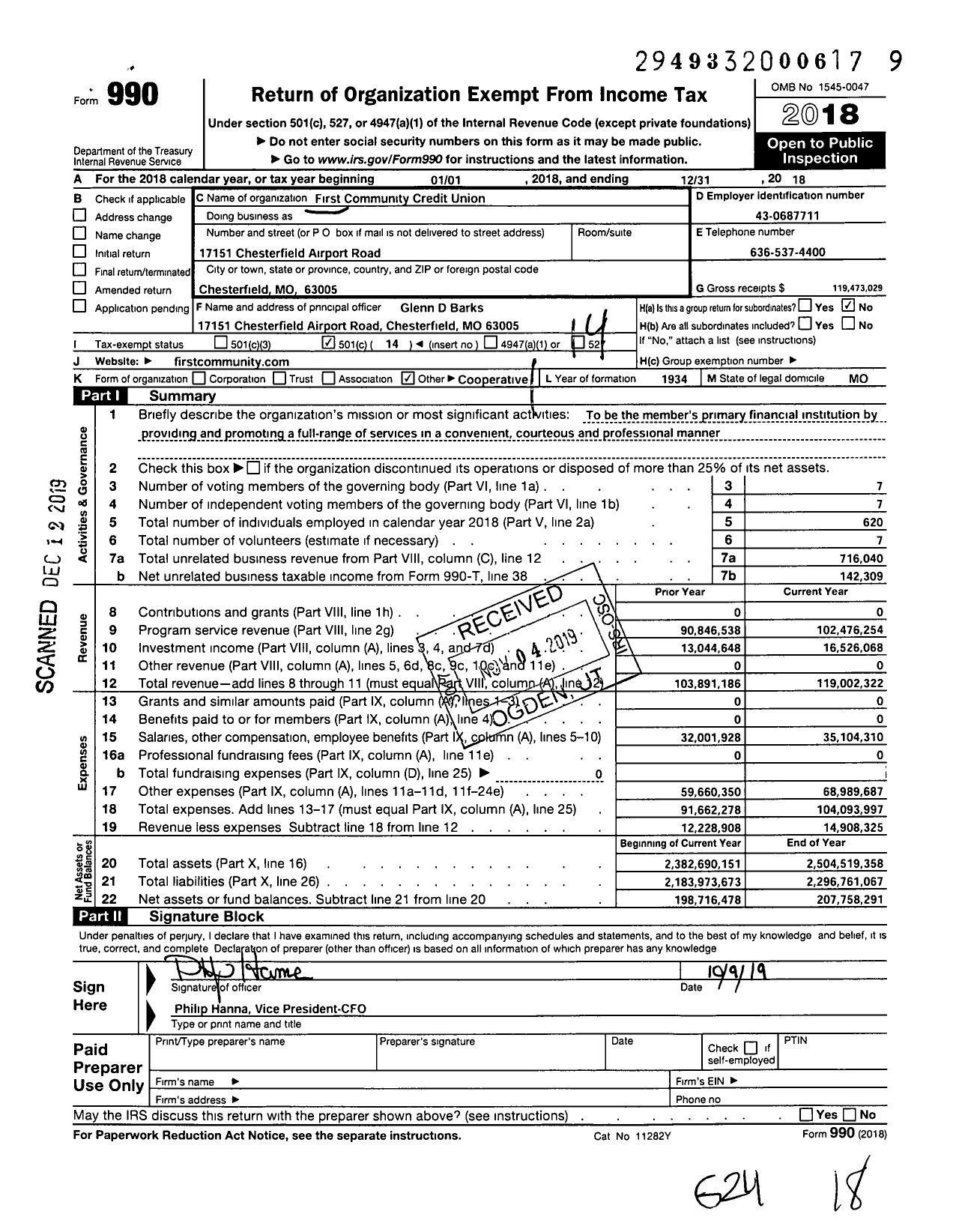 Image of first page of 2018 Form 990O for First Community Credit Union