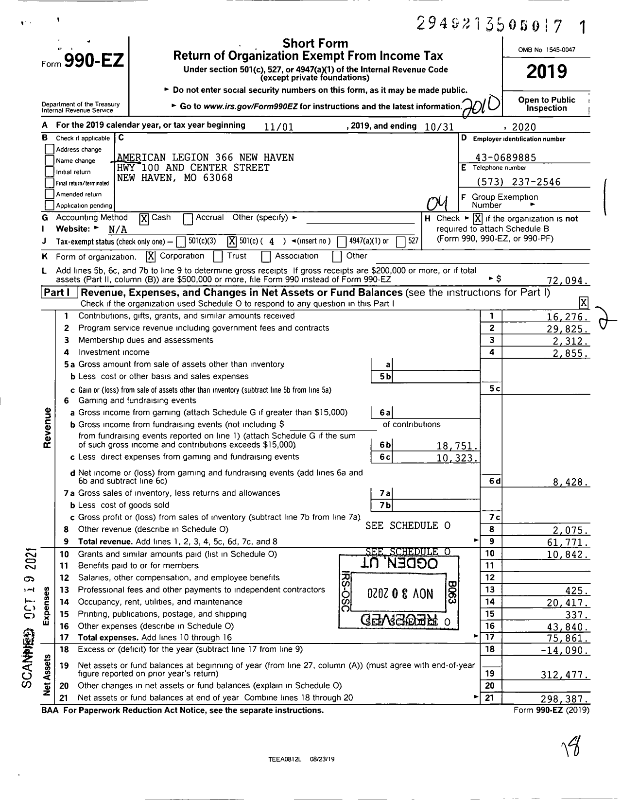 Image of first page of 2019 Form 990EO for American Legion - 366 New Haven