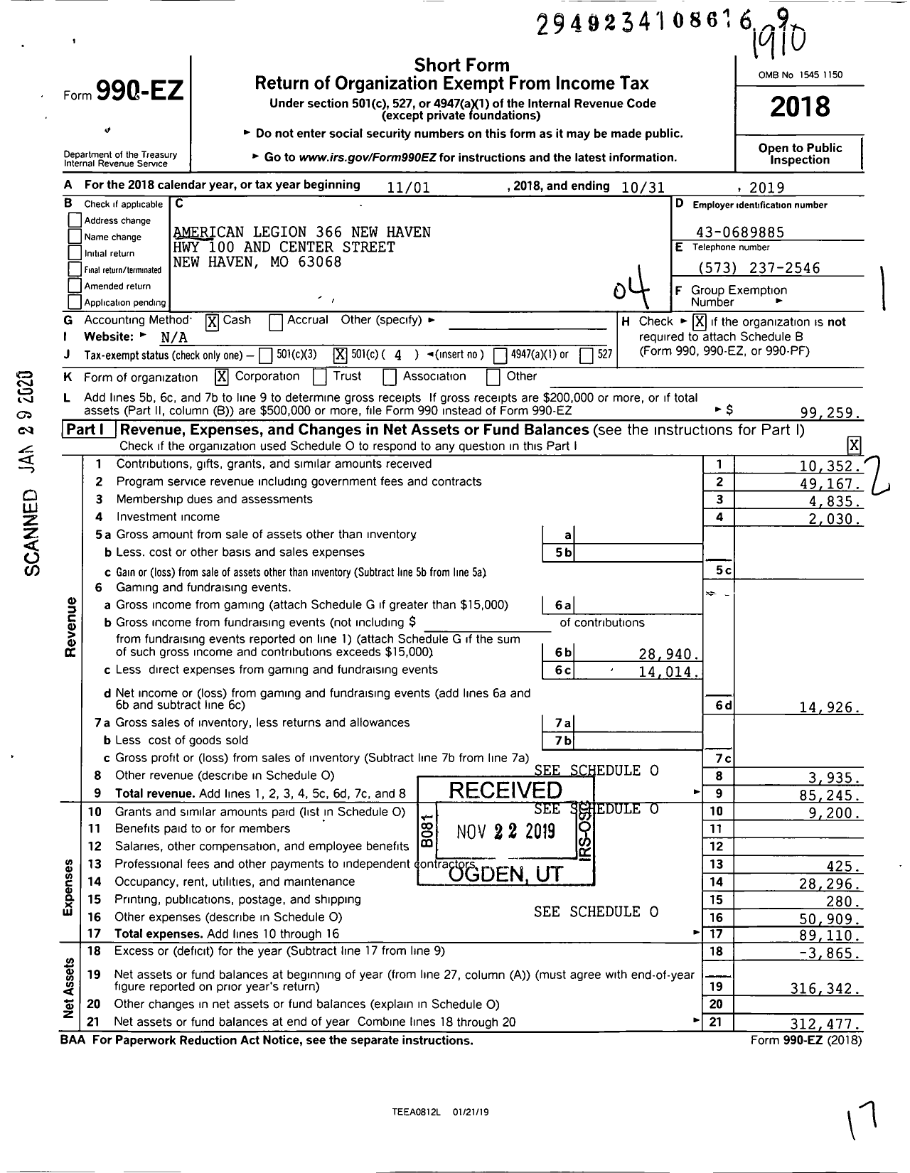 Image of first page of 2018 Form 990EO for American Legion - 366 New Haven