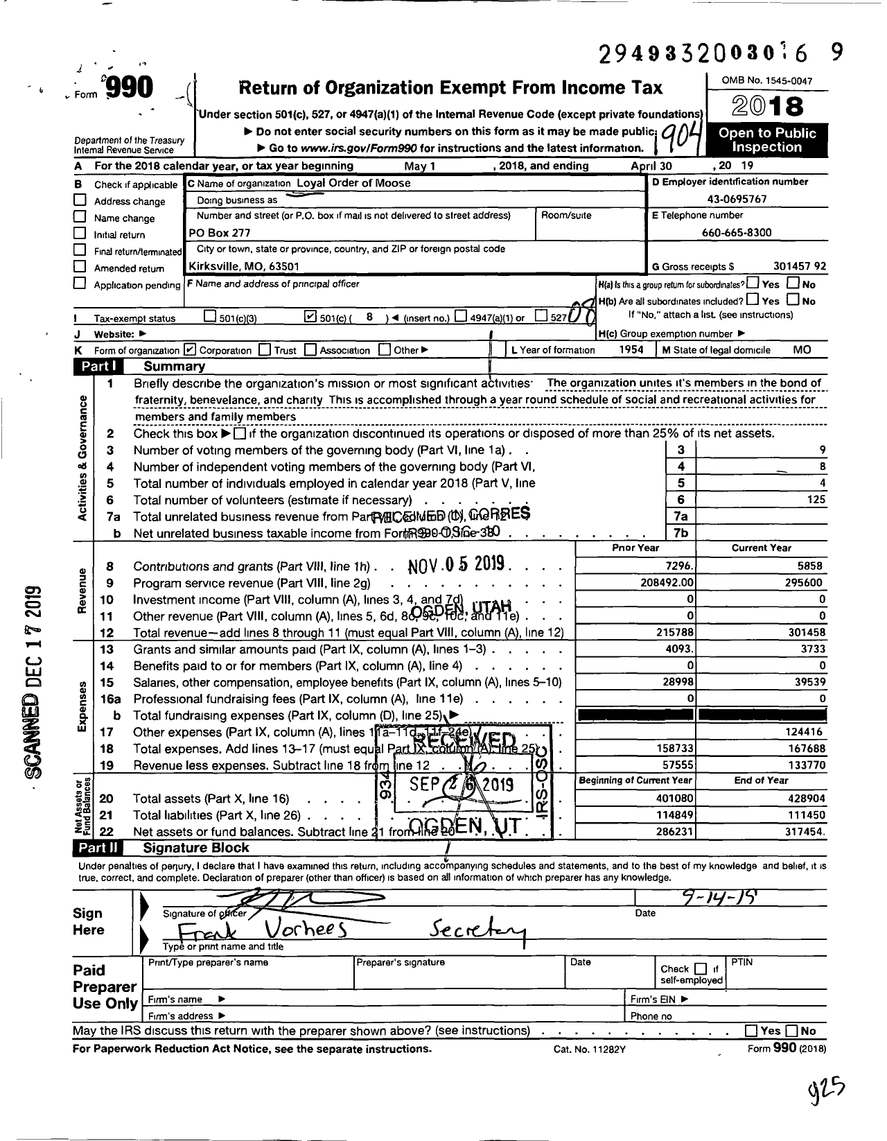 Image of first page of 2018 Form 990O for Loyal Order of Moose - 1751