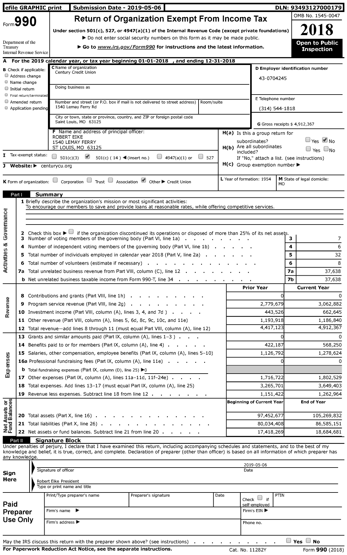 Image of first page of 2018 Form 990 for Century Credit Union