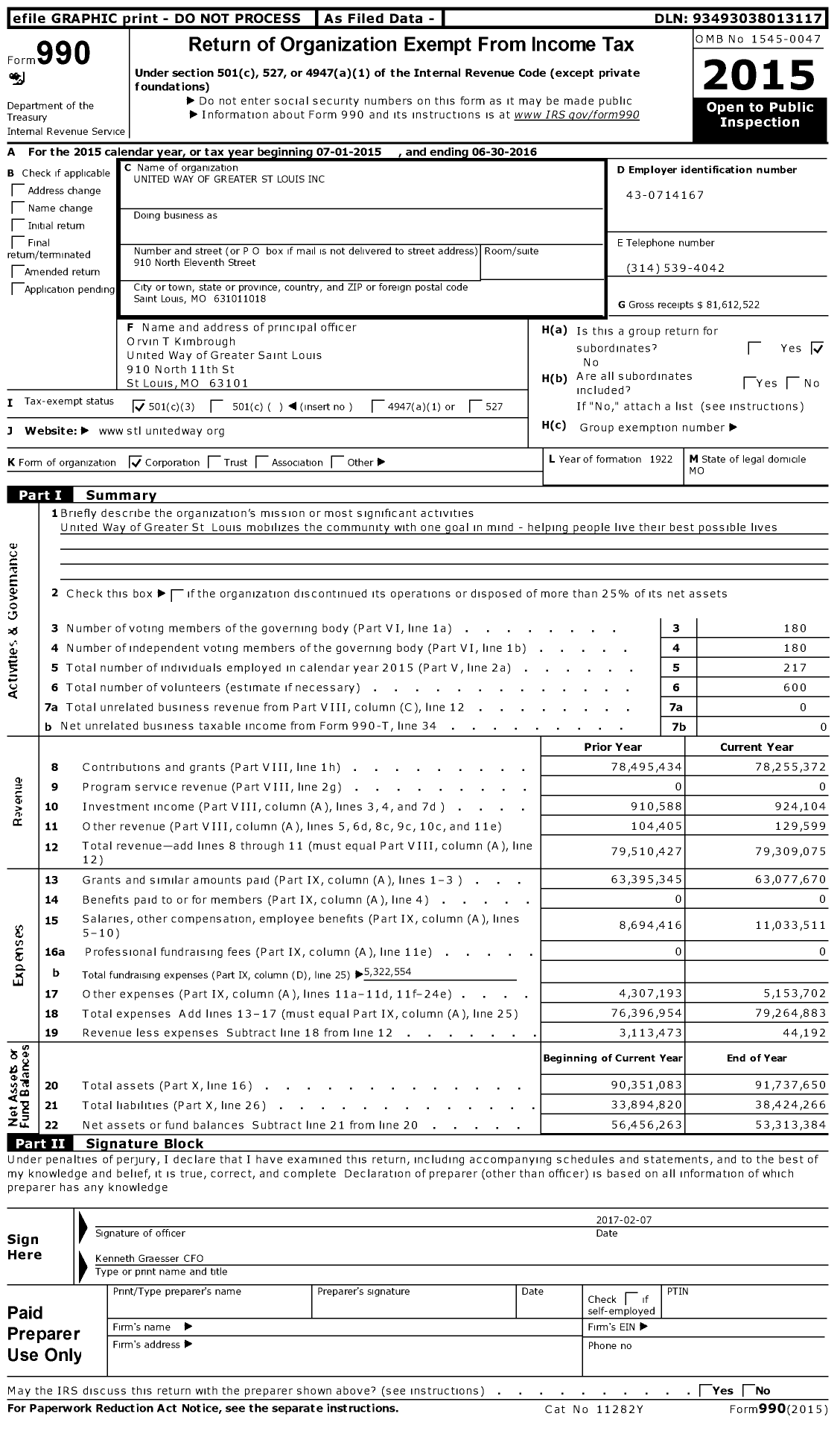 Image of first page of 2015 Form 990 for United Way of Greater St. Louis