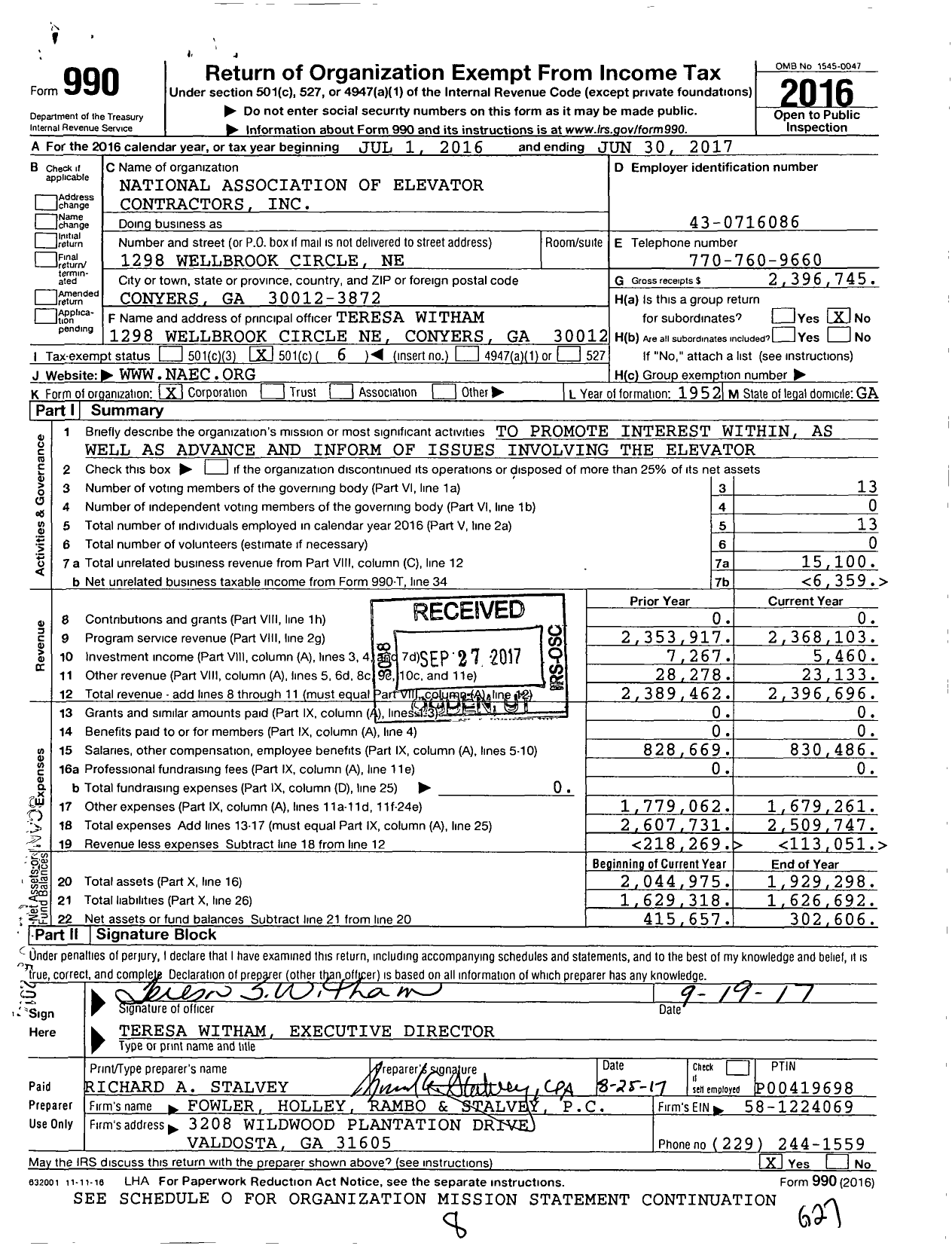 Image of first page of 2016 Form 990O for National Association of Elevator Contractors (NAEC)