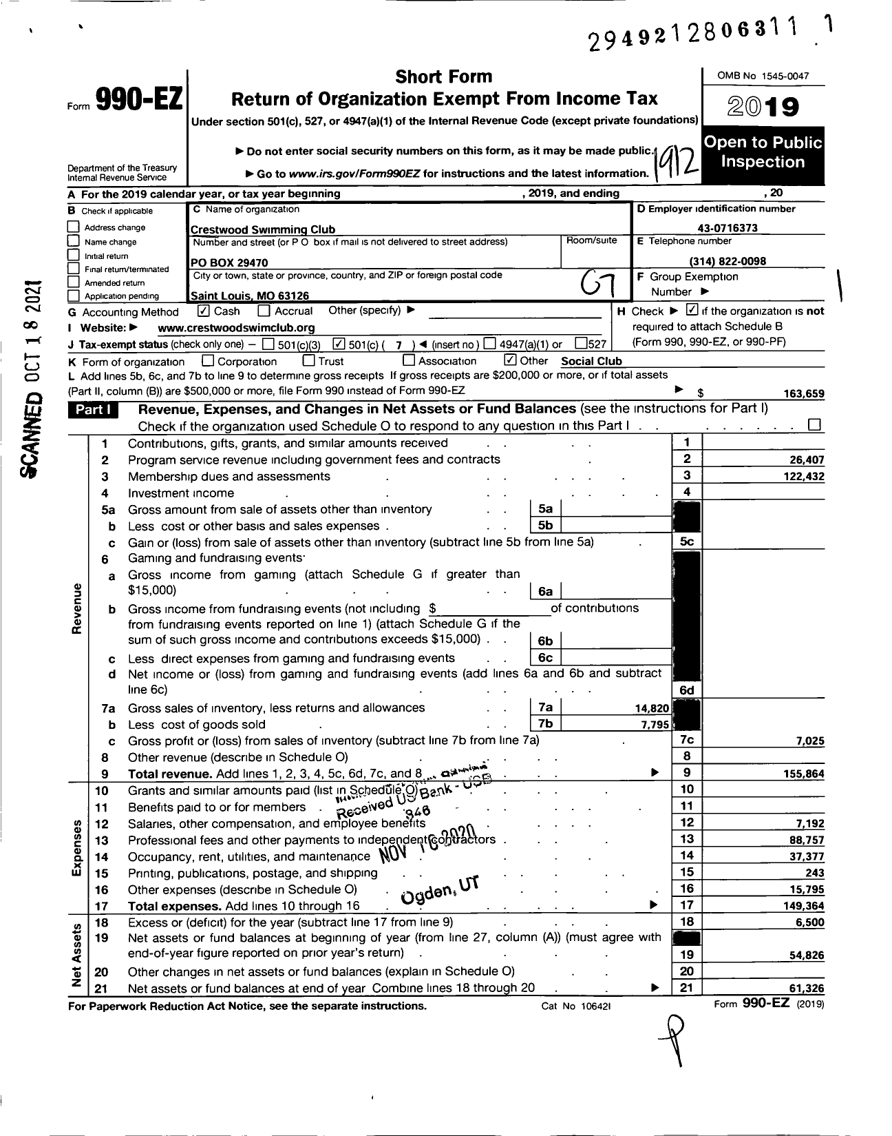 Image of first page of 2019 Form 990EO for Crestwood Swimming Club