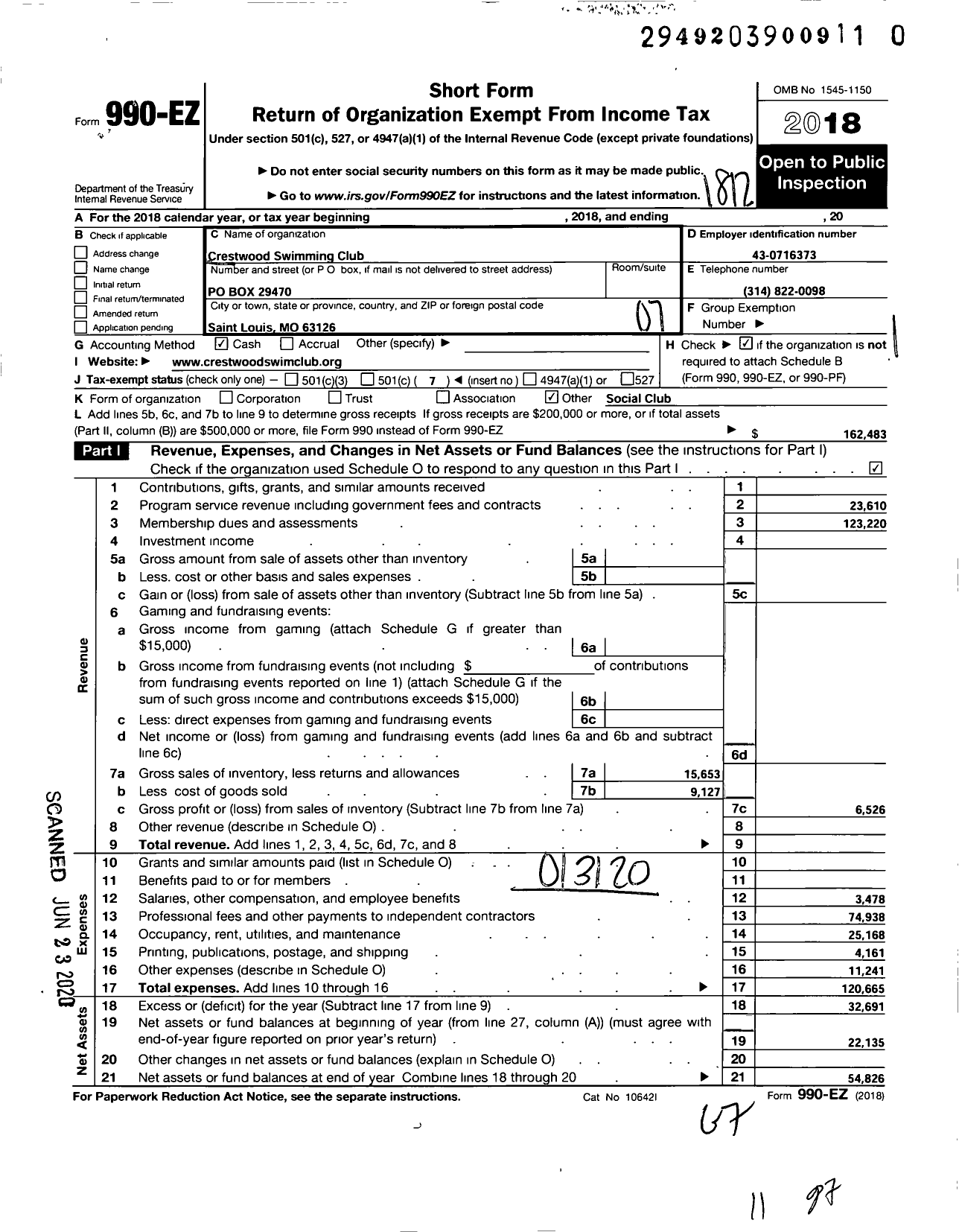 Image of first page of 2018 Form 990EO for Crestwood Swimming Club