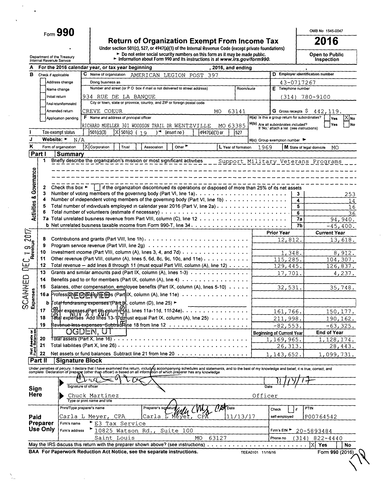 Image of first page of 2016 Form 990O for American Legion - 397 Creve Coeur Memorial