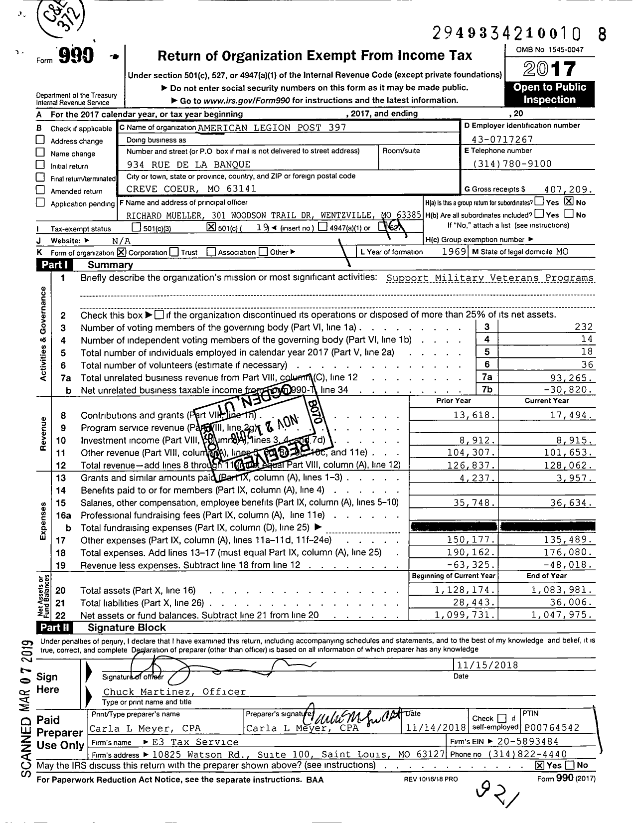 Image of first page of 2017 Form 990O for American Legion - 397 Creve Coeur Memorial