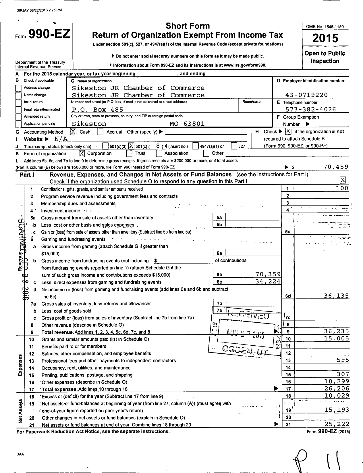 Image of first page of 2015 Form 990EO for Sikeston JR Chamber of Commerce