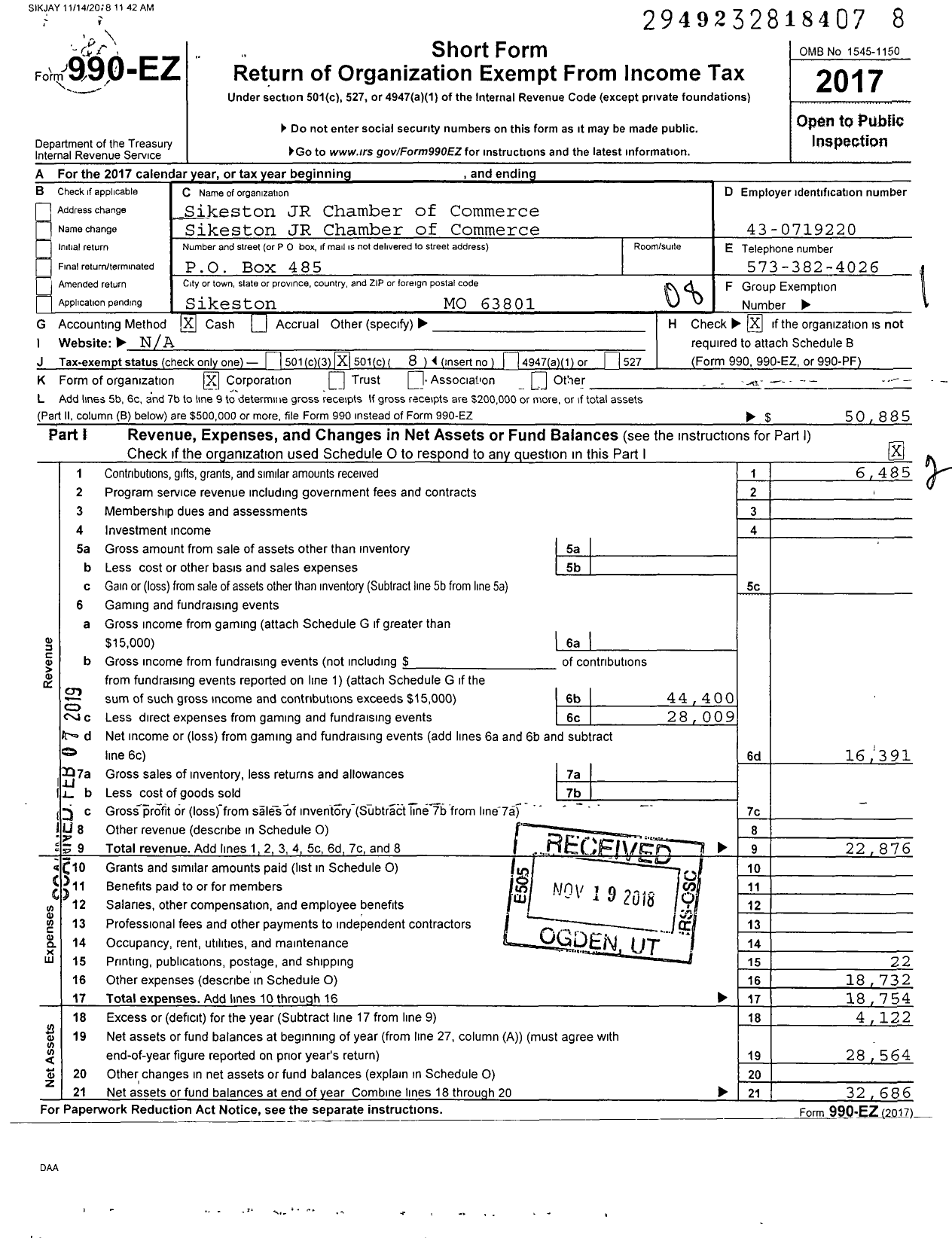 Image of first page of 2017 Form 990EO for Sikeston JR Chamber of Commerce