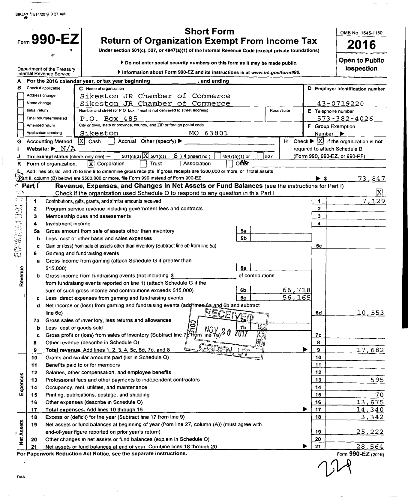 Image of first page of 2016 Form 990EO for Sikeston JR Chamber of Commerce