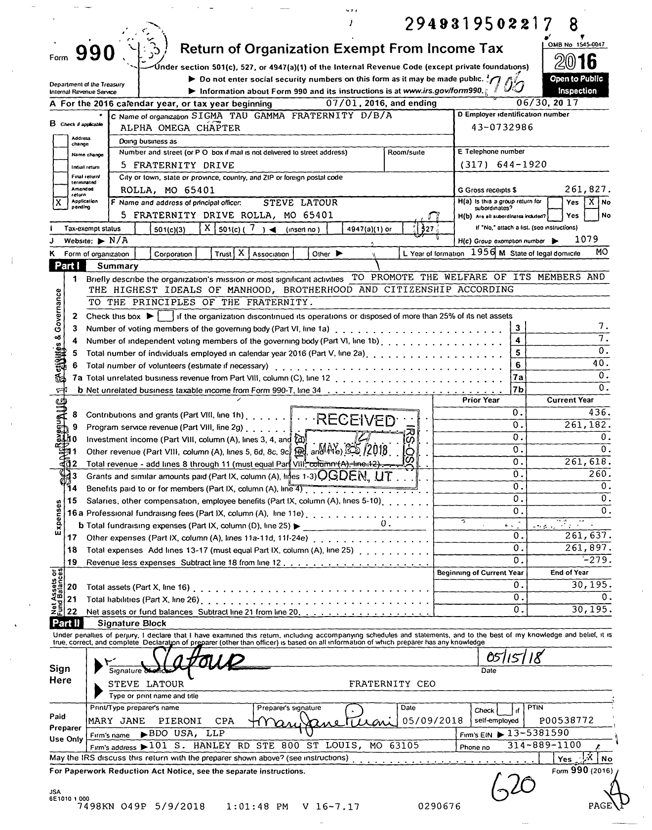 Image of first page of 2016 Form 990O for Alpha Omega Chapter