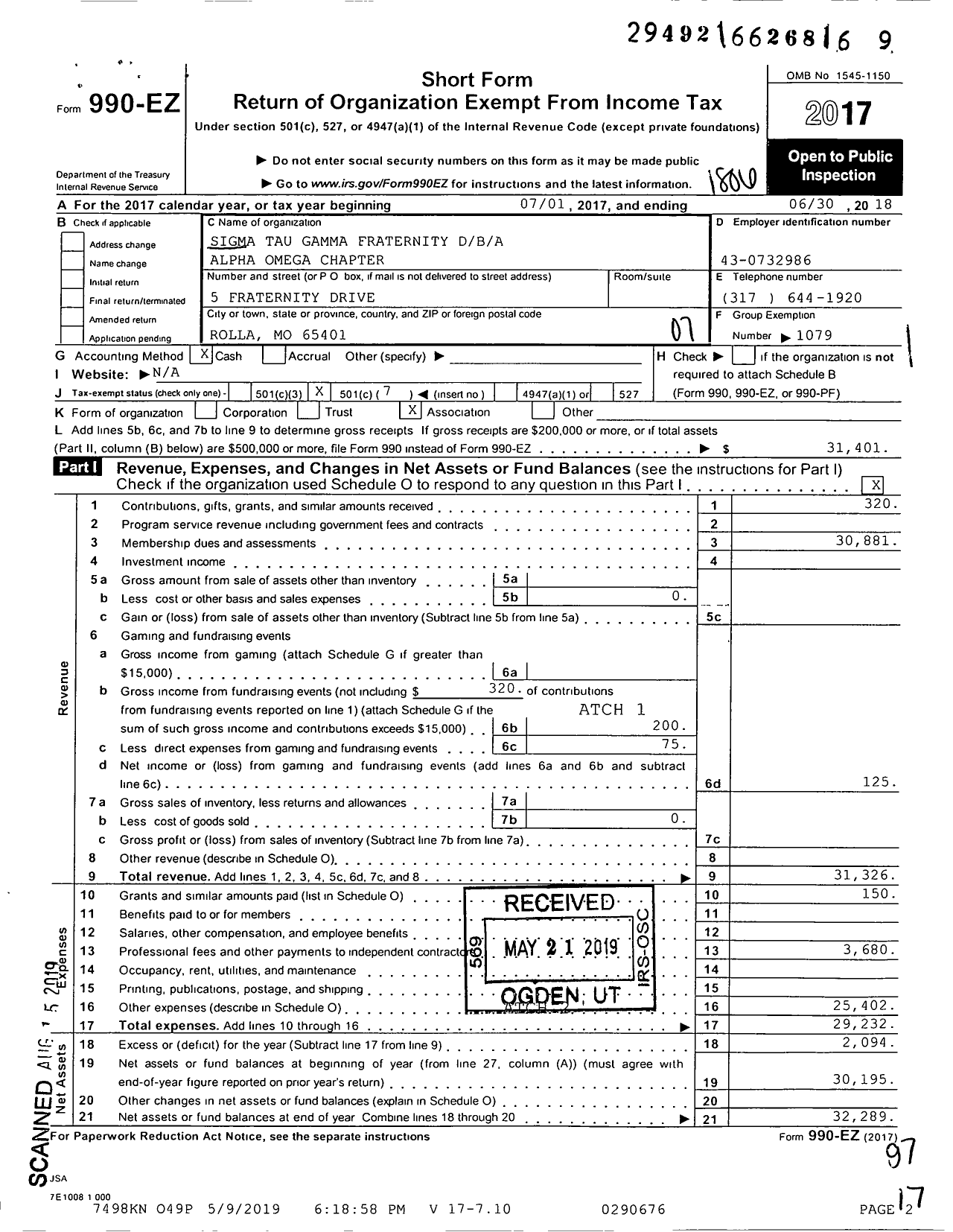 Image of first page of 2017 Form 990EO for Alpha Omega Chapter