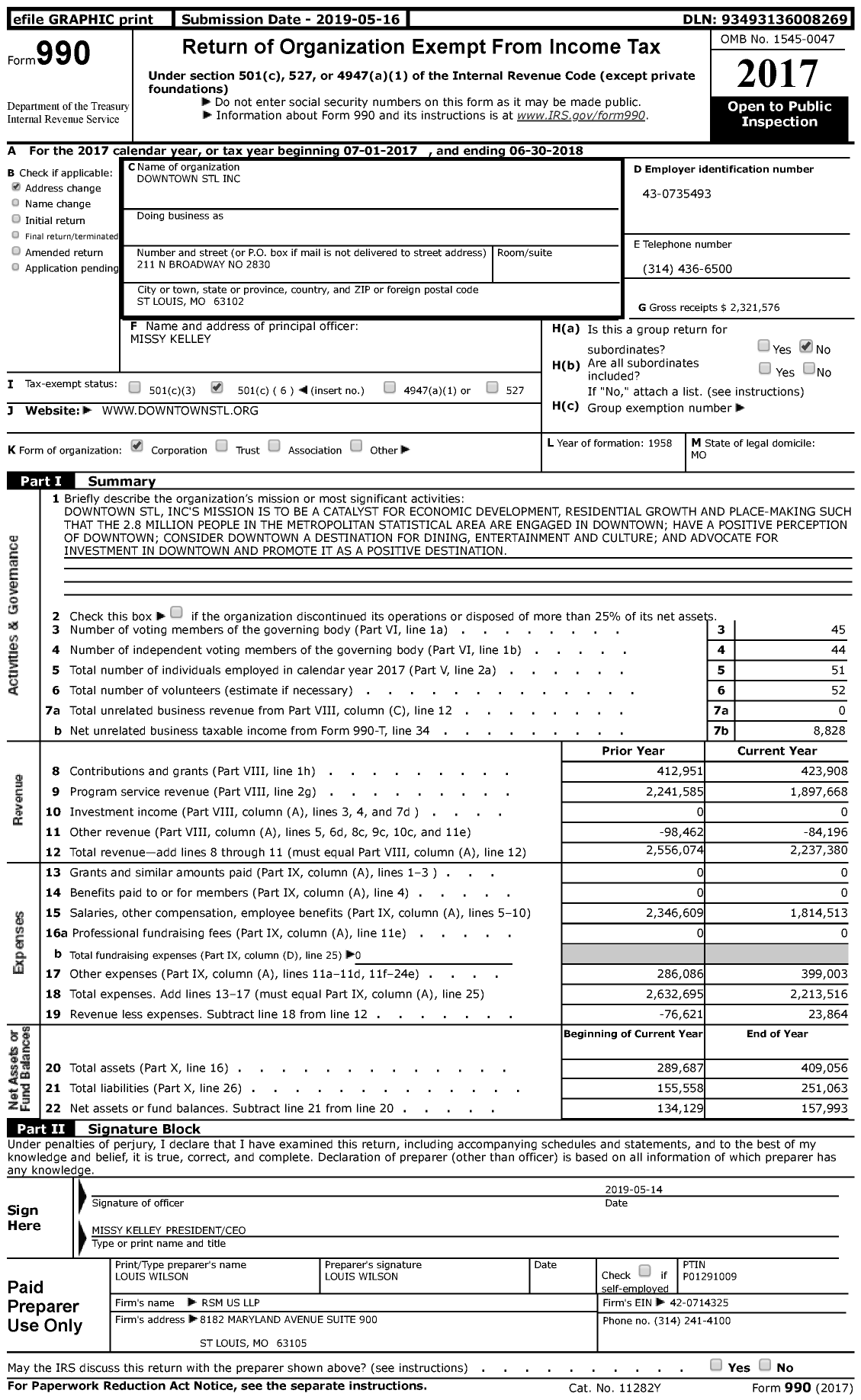 Image of first page of 2017 Form 990 for Downtown STL