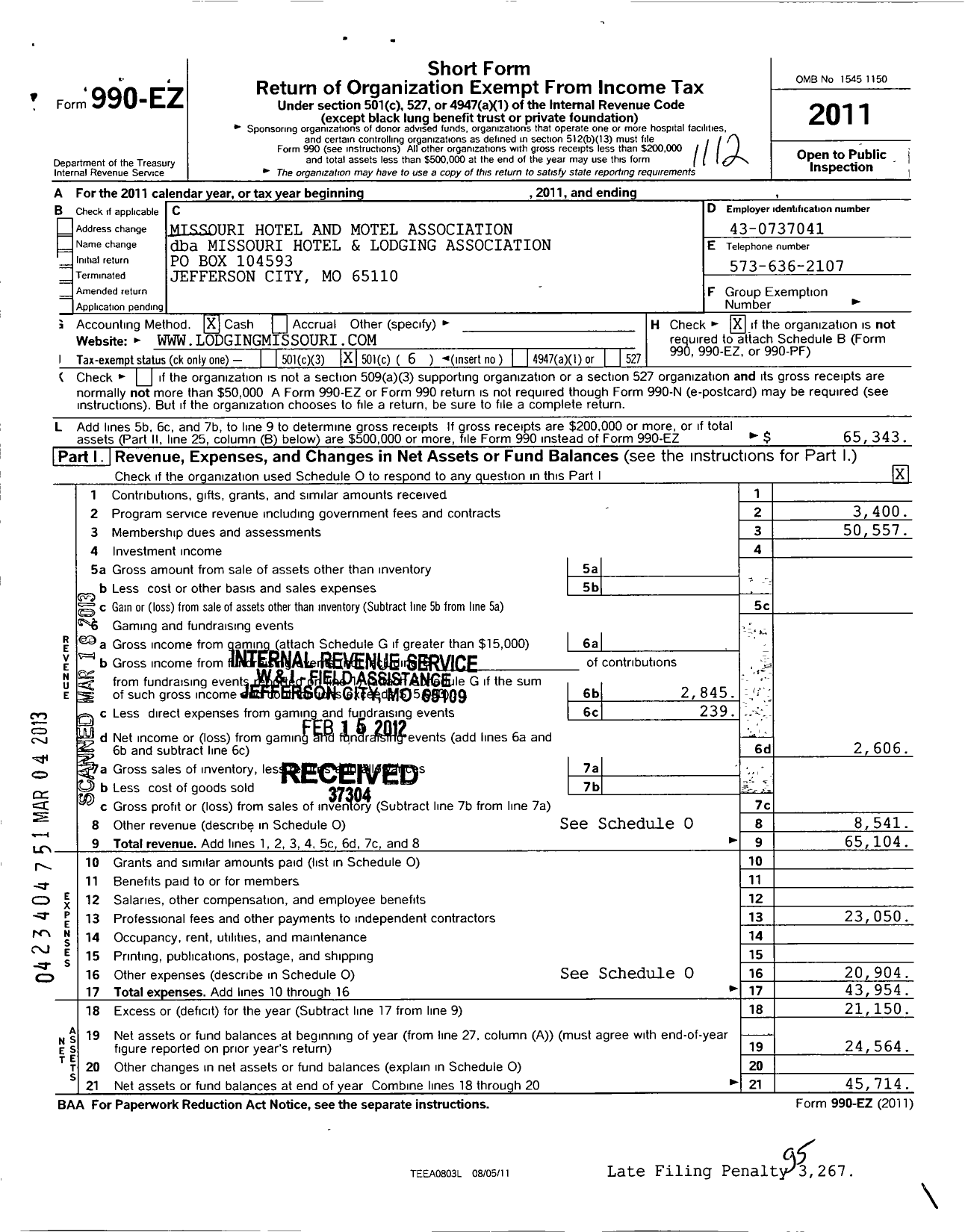 Image of first page of 2011 Form 990EO for Missouri Hotel and Motel Association