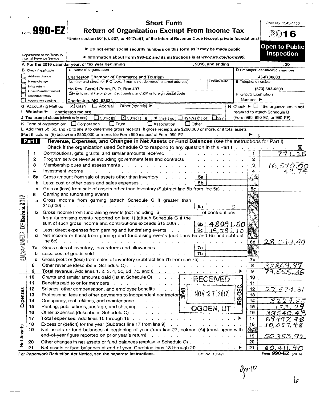 Image of first page of 2016 Form 990EO for Charleston Chamber of Commerce