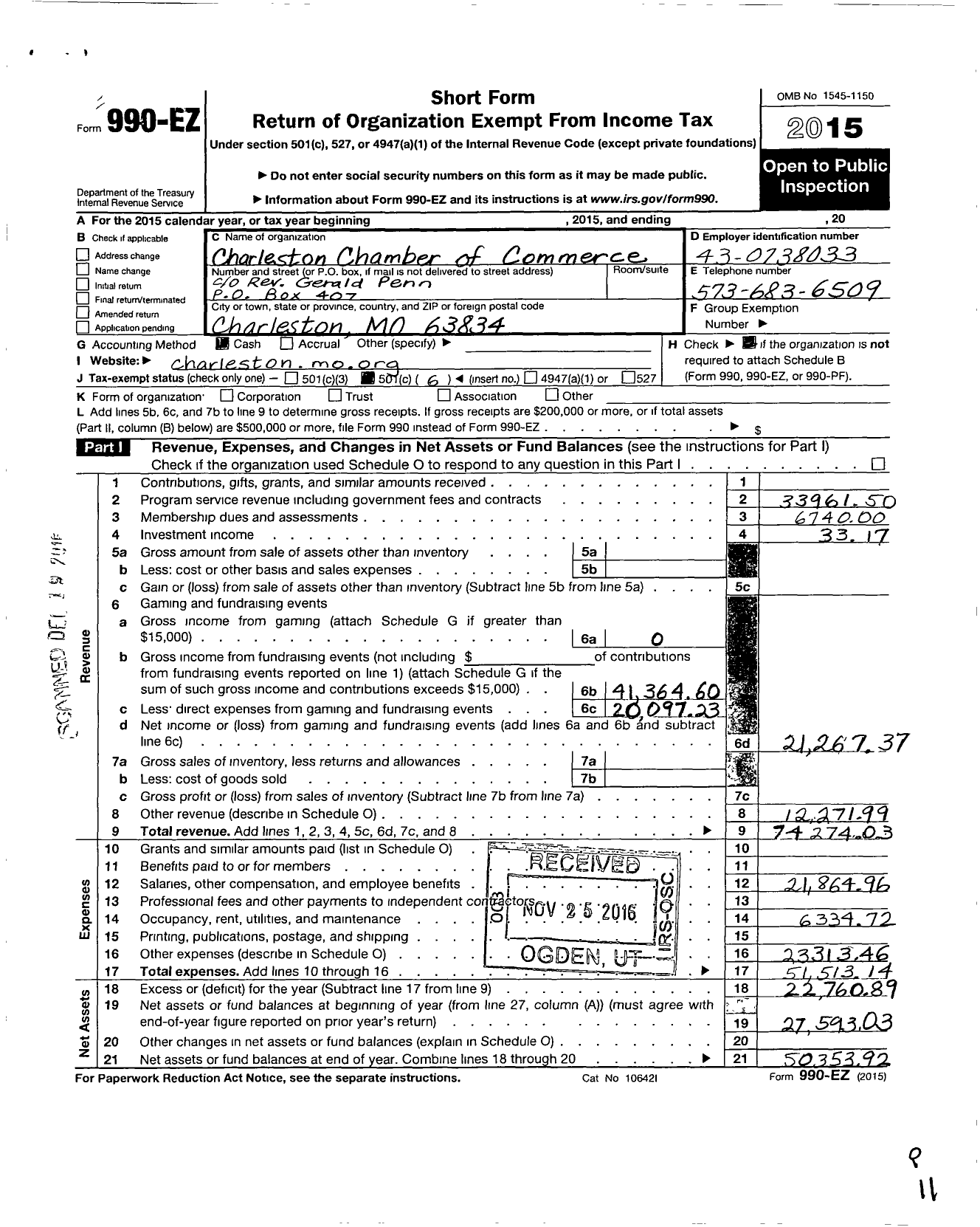 Image of first page of 2015 Form 990EO for Charleston Chamber of Commerce