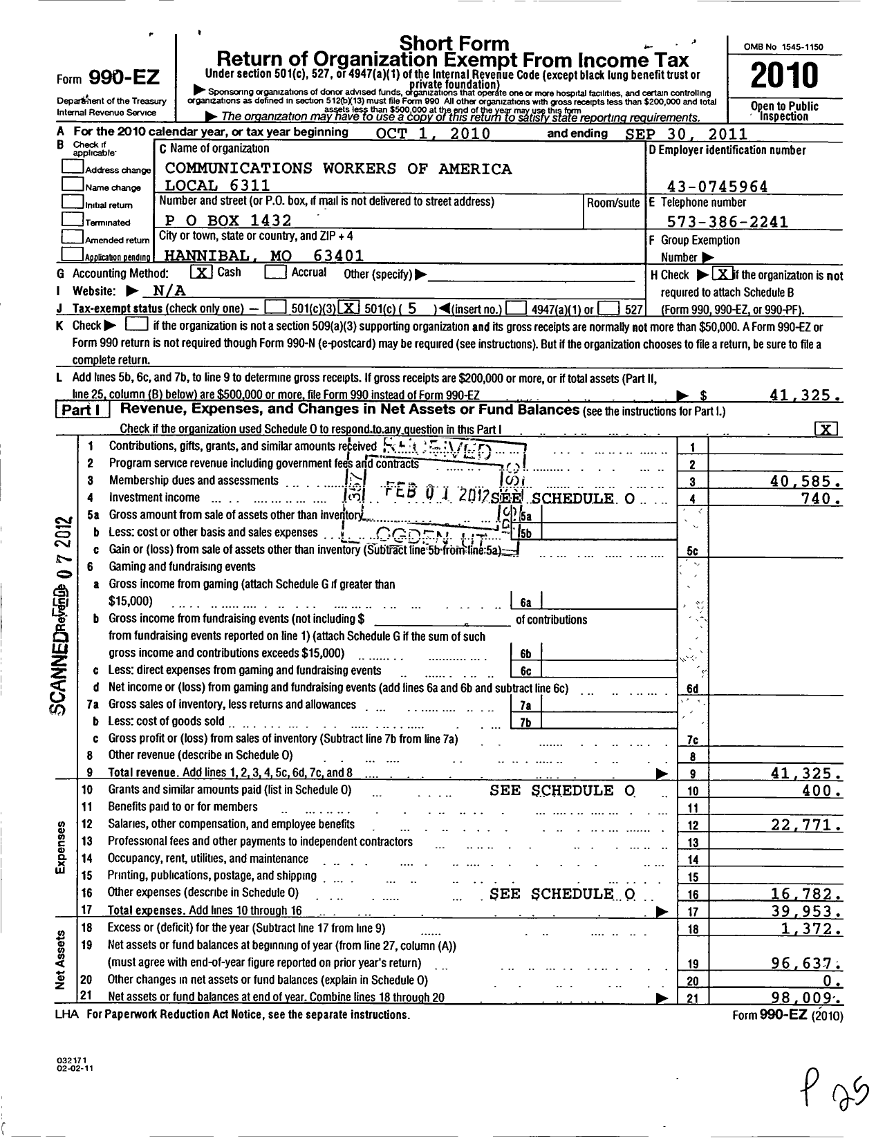 Image of first page of 2010 Form 990EO for Communications Workers of America - 6311 Local