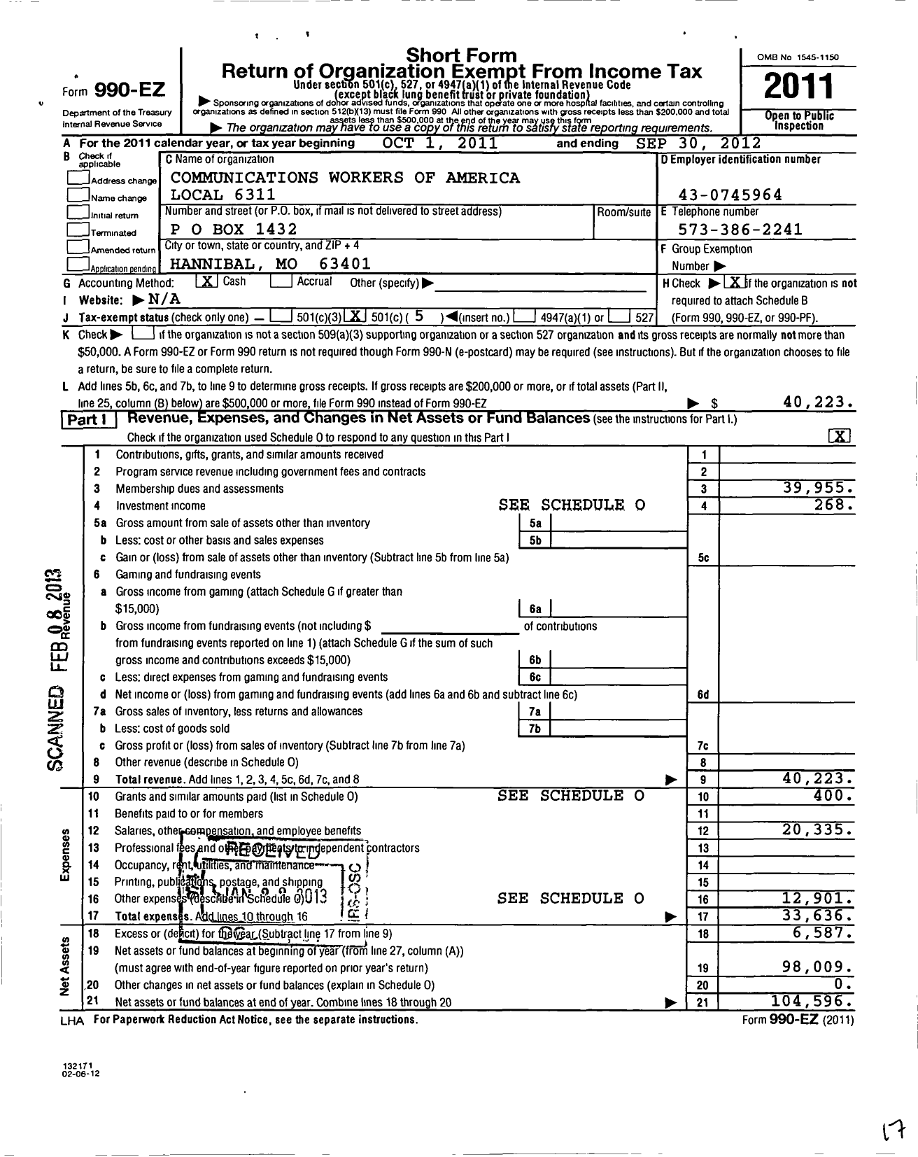 Image of first page of 2011 Form 990EO for Communications Workers of America - 6311 Local