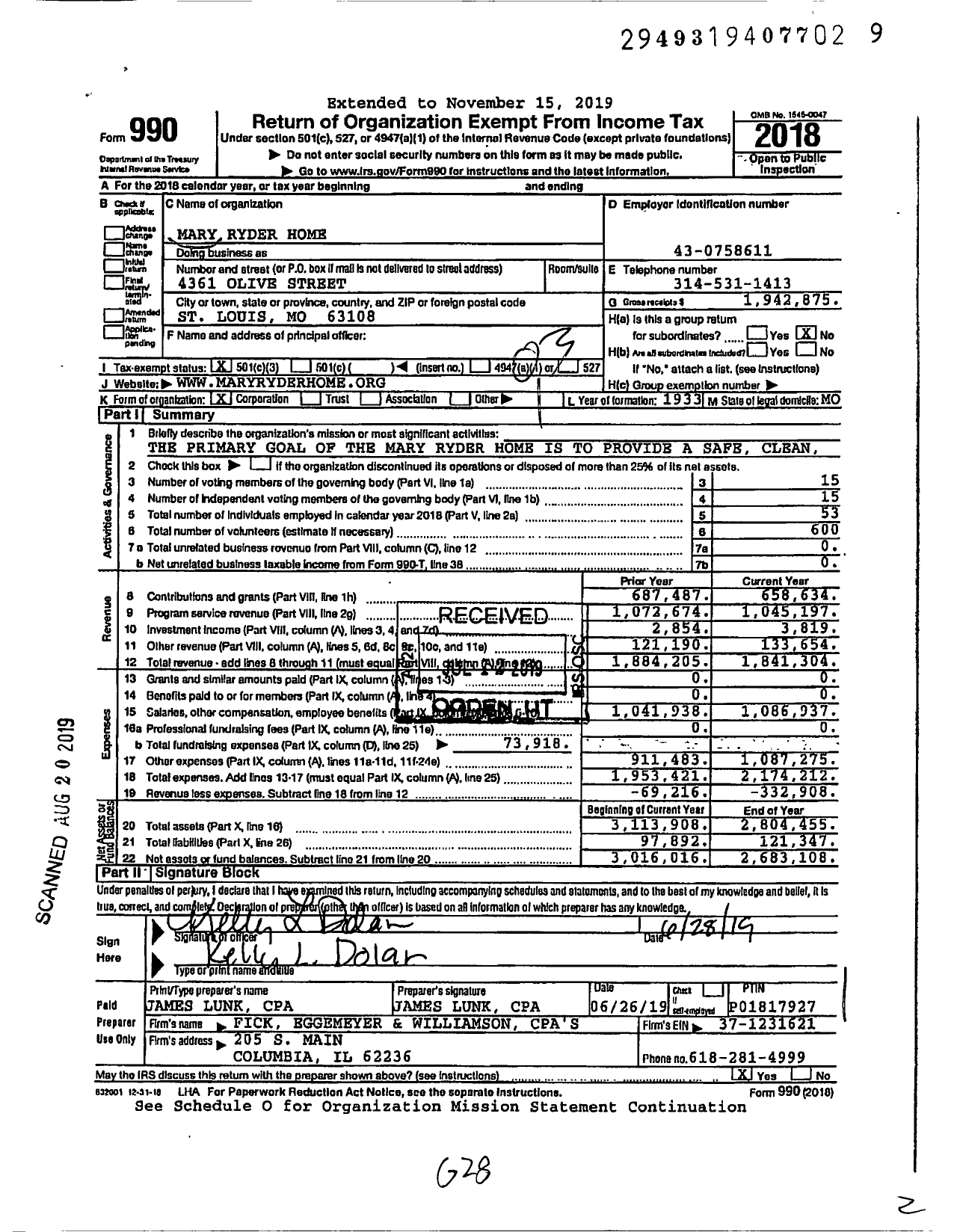 Image of first page of 2018 Form 990 for Mary Ryder Home