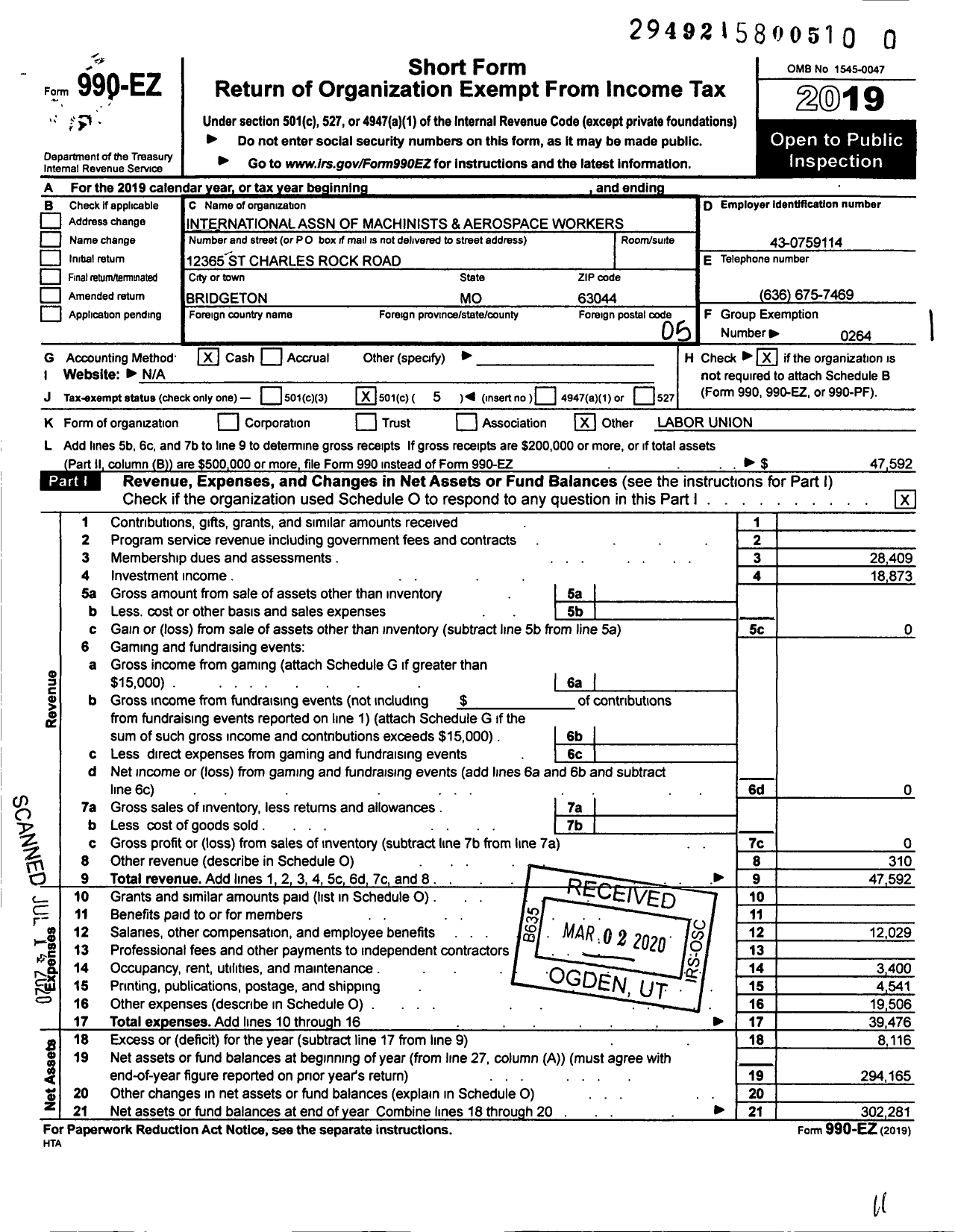 Image of first page of 2019 Form 990EO for International Association of Machinists and Aerospace Workers - 688 Tool & Die Makers Lodge