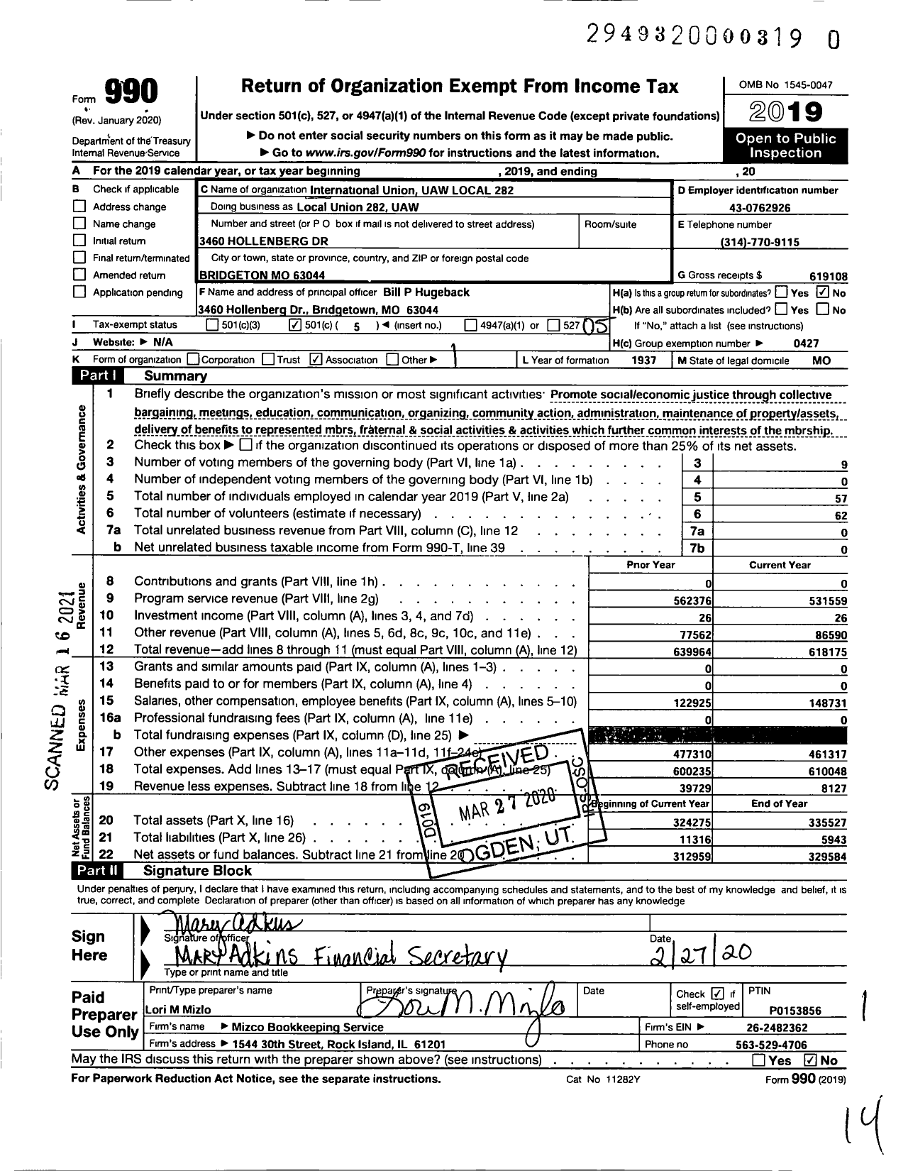 Image of first page of 2019 Form 990O for UAW - Local Union 282 UAW