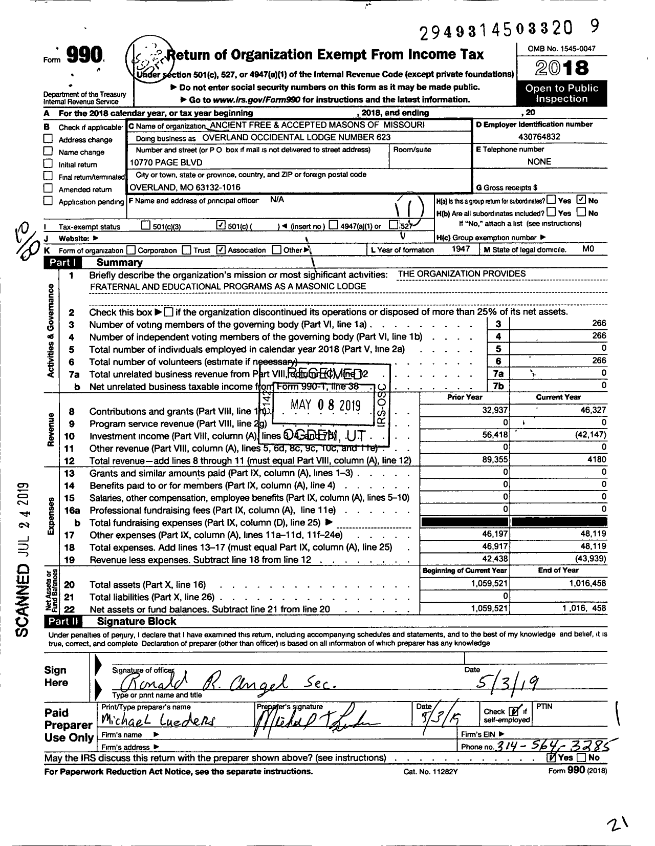 Image of first page of 2018 Form 990O for Ancient Free and Accepted Masons of Missouri - 623 Overland Occidental Lodge